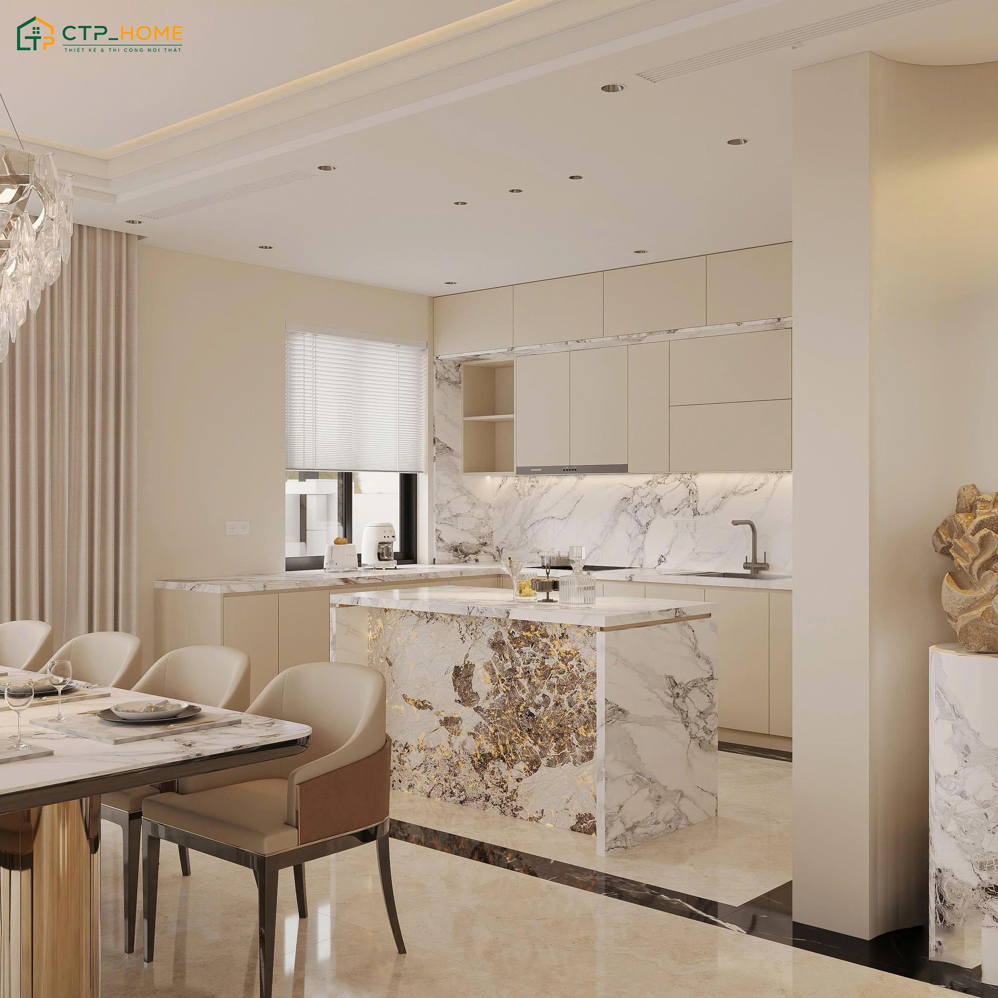 Tủ bếp kịch trần được làm từ chất liệu gỗ công nghiệp với thiết kế đơn giản nhưng rất sang trọng