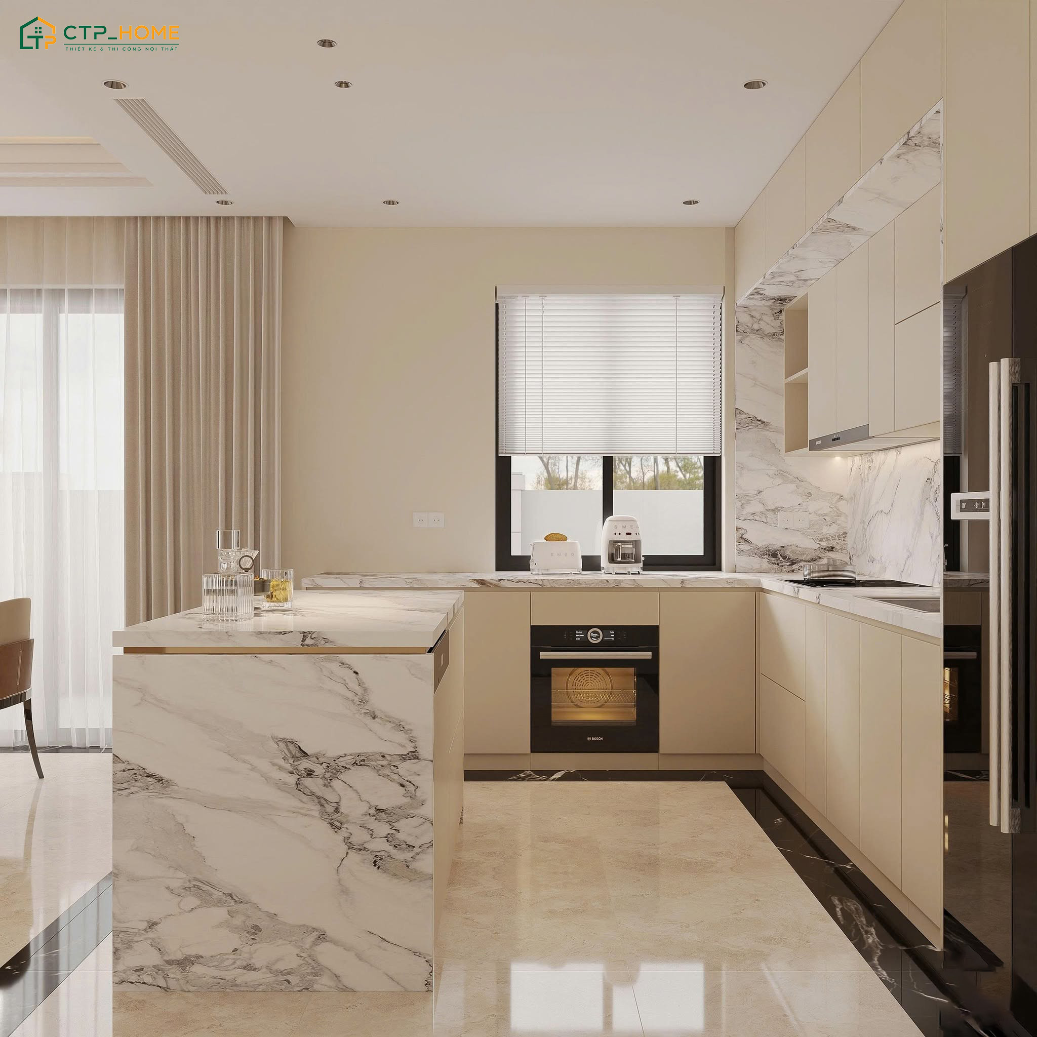 Mẫu bếp nhà cấp 4 luôn thông thoáng và ngập tràn ánh sáng tự nhiên khi được bố trí nhiều cửa sổ