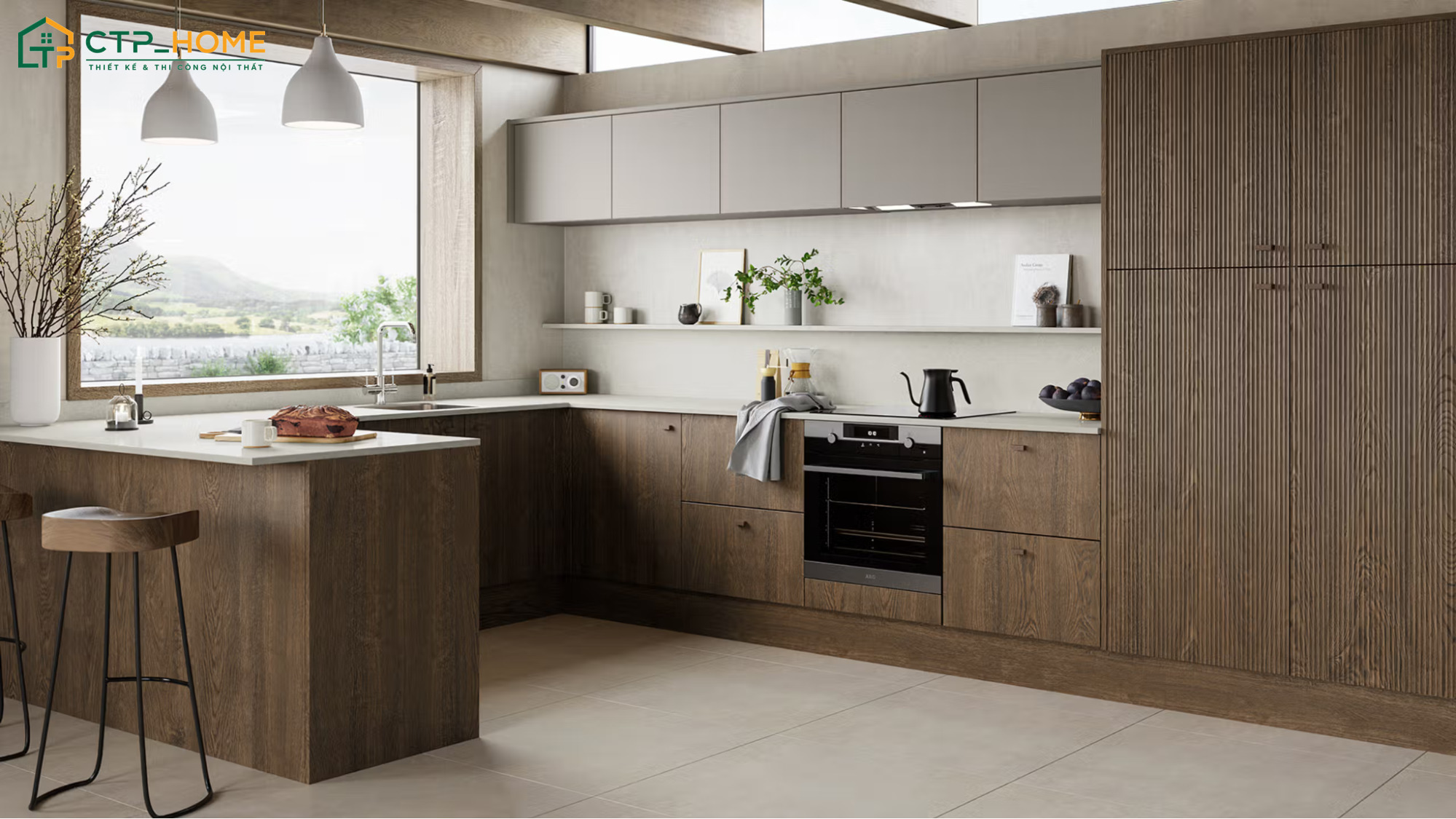 Mẫu tủ bếp chữ U với tone màu sáng cùng nội thất hiện đại sẽ phù hợp với nhiều phong cách thiết kế khác nhau