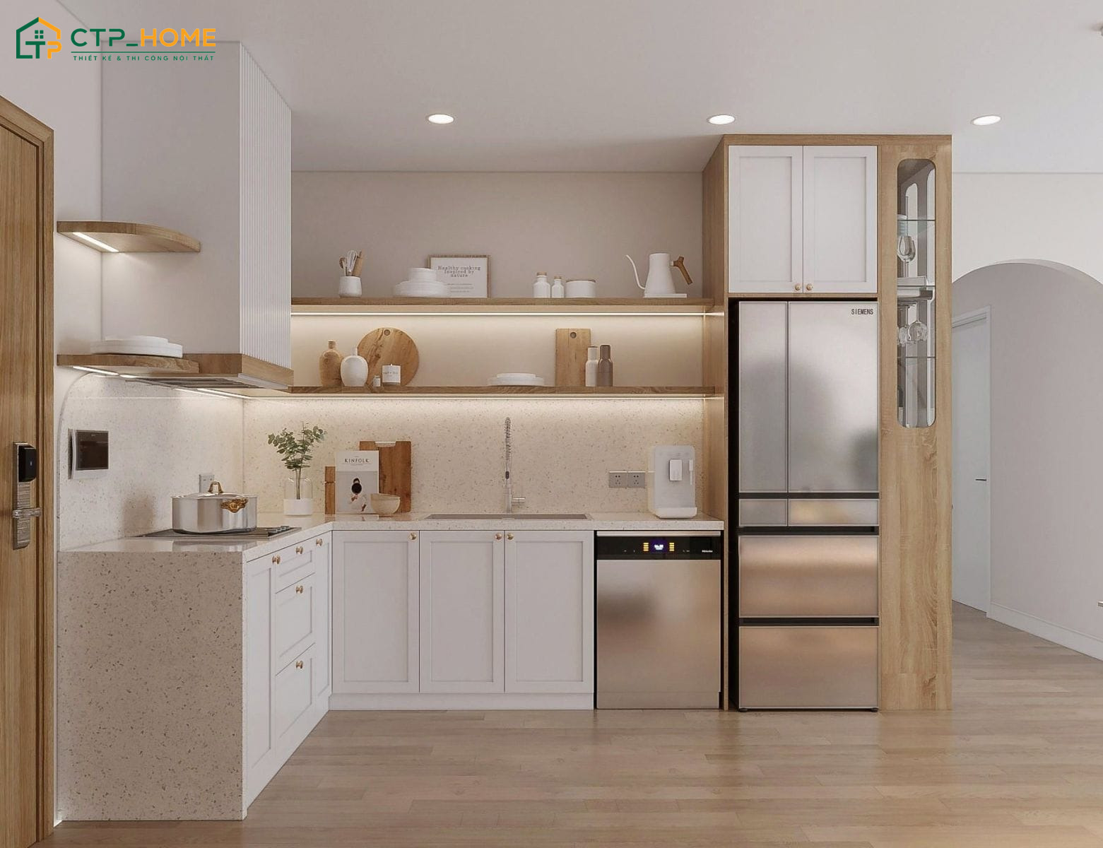 Chất liệu gỗ và tông màu trung tính sẽ giúp tạo nên một căn nhà bếp nhỏ mộc mạc và ấm cúng