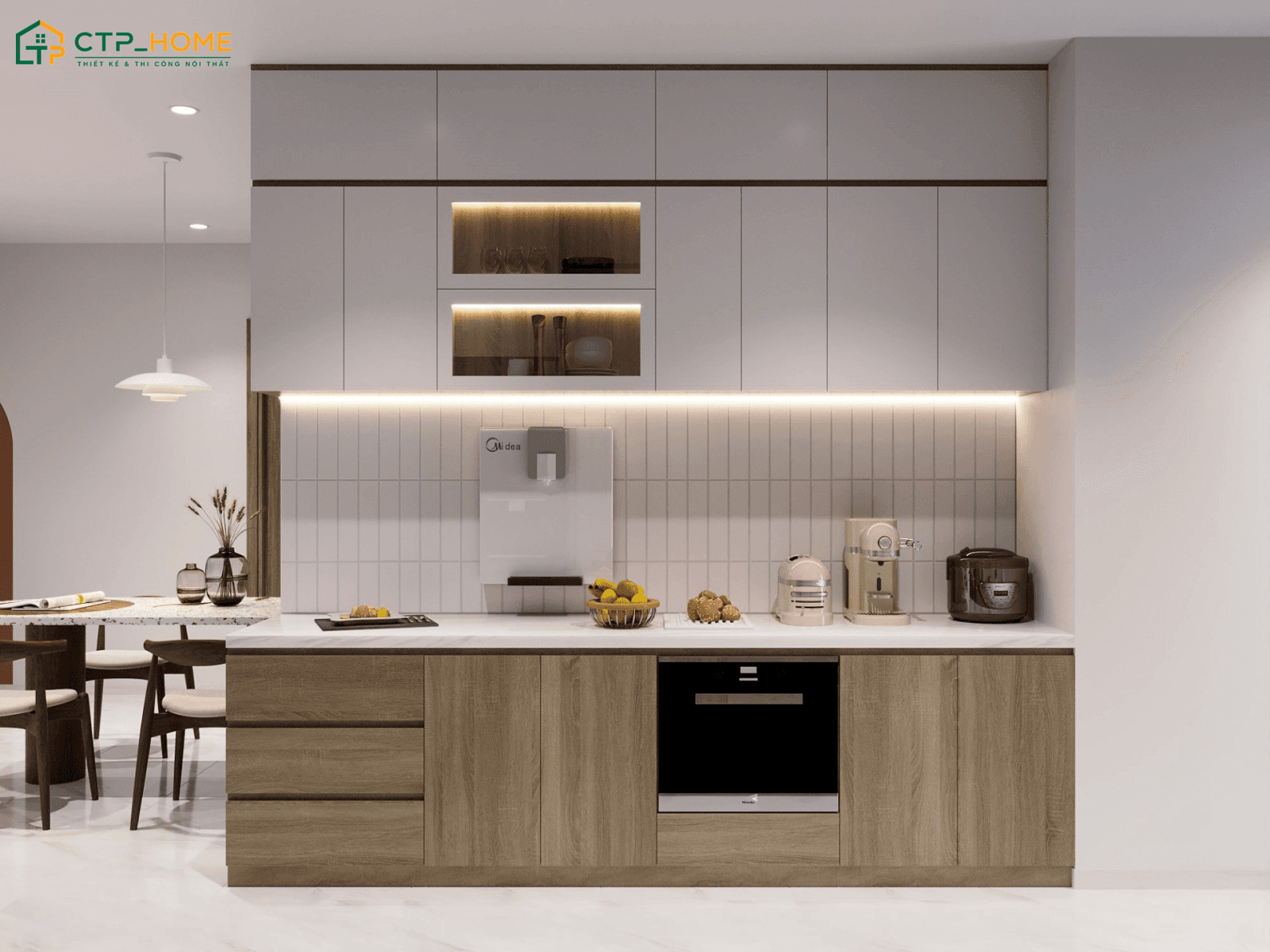 Nội thất tối giản với đường nét mộc mạc đang là ý tưởng decor bếp nhỏ được nhiều gia chủ yêu thích