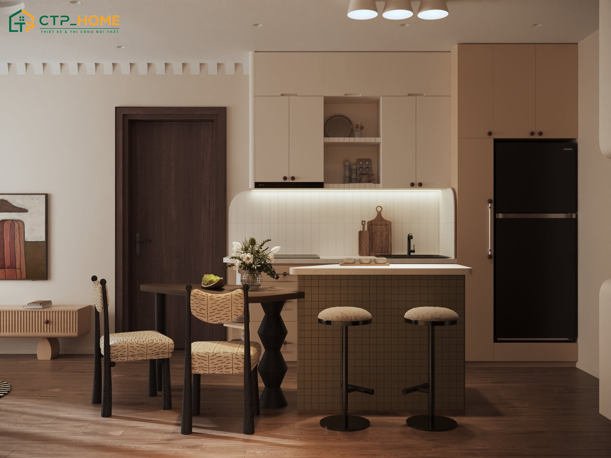 Sự kết hợp giữa màu sắc nổi bật và vật liệu độc đáo giúp tạo nên một mẫu thiết kế phòng bếp siêu nhỏ ấn tượng