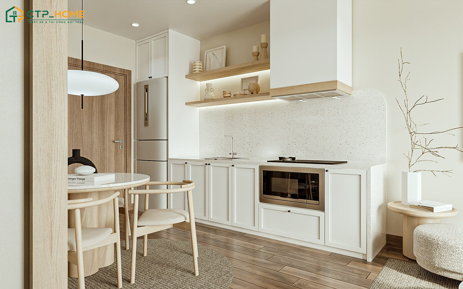 Việc tận dụng ánh sáng tự nhiên kết hợp với các tone màu tươi sáng giúp căn bếp nhỏ luôn tươi mới và tràn đầy sức sống