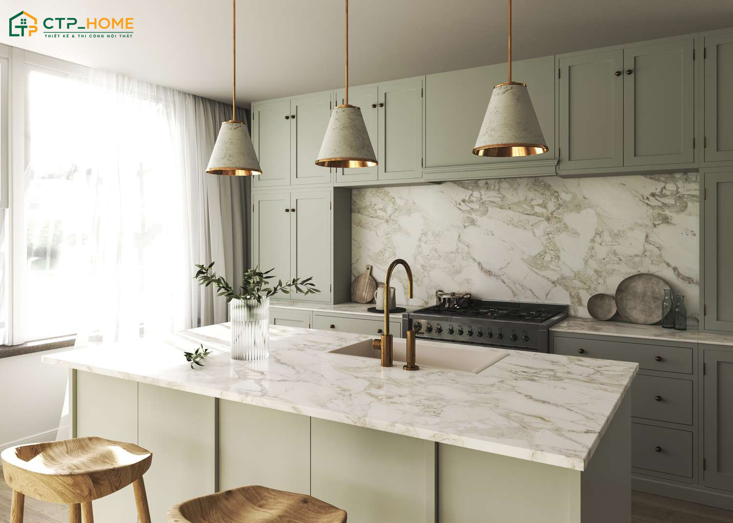 Mẫu decor nhà bếp nhỏ nổi bật với hệ tủ màu xanh pastel kết hợp các chi tiết vân đá tinh tế