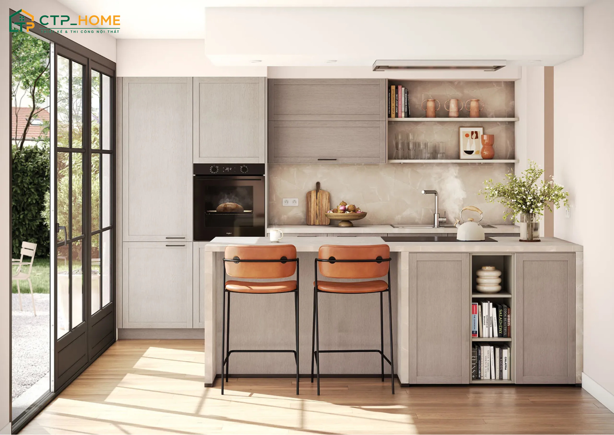 Sử dụng hệ tủ kịch trần tận giúp gia tăng không gian lưu trữ và giữ cho căn bếp nhỏ luôn gọn gàng