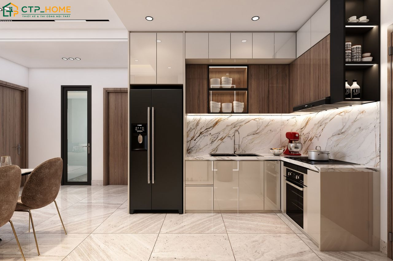 Mẫu thiết kế nhà bếp nhỏ gọn tích hợp nhiều ngăn tủ thông minh giúp sắp xếp đồ dùng ngăn nắp
