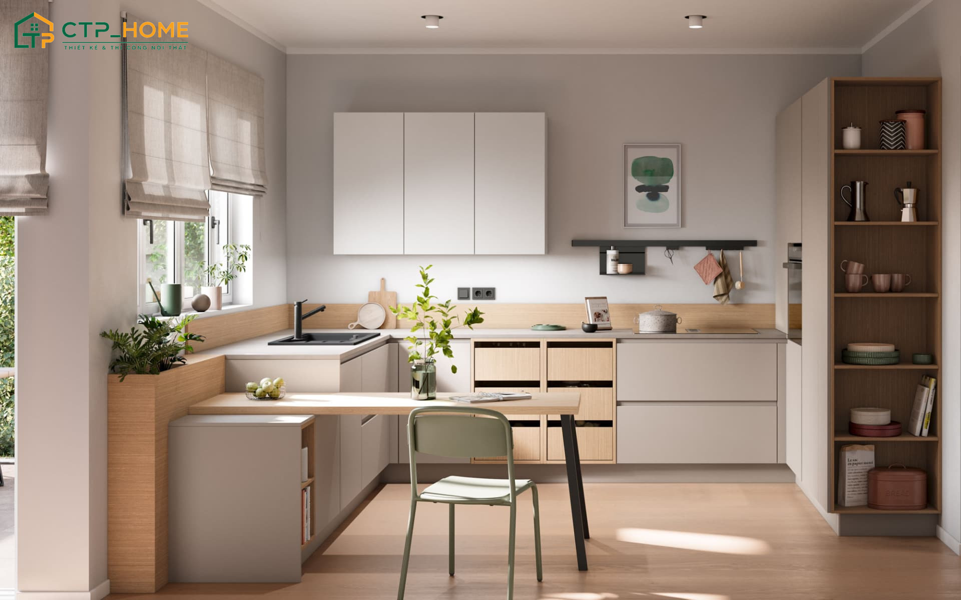 Mẫu thiết kế phòng bếp nhỏ nên ưu tiên sử dụng các tone màu sáng để tạo cảm giác rộng rãi hơn