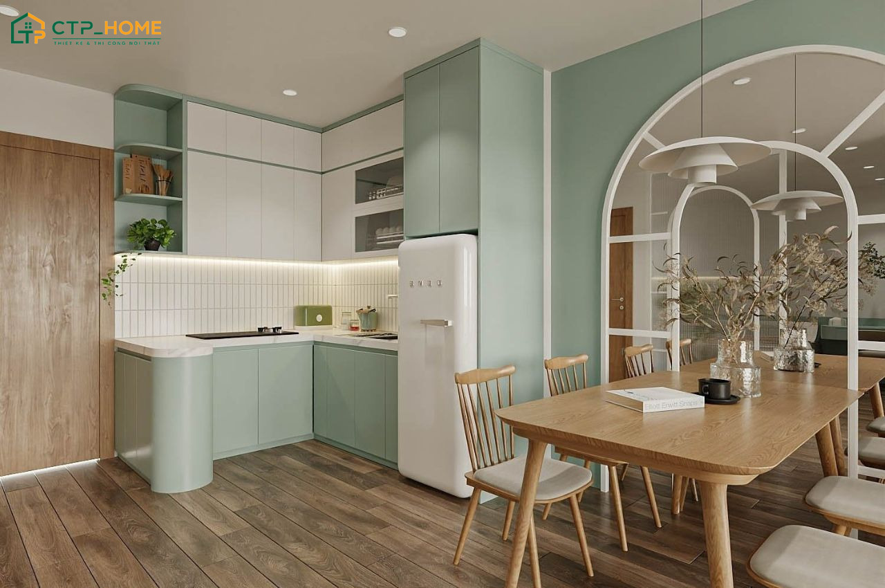 Sử dụng tủ bếp chữ L kết hợp với tone màu sáng sẽ đem đến vẻ đẹp tinh tế cho nhà bếp nhỏ chung cư