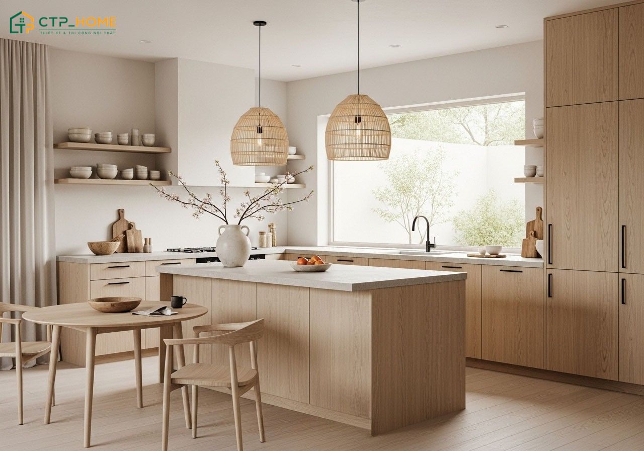 Phong cách Japandi mang vẻ đẹp mộc mạc nhưng vẫn toát lên sự tinh tế cho tổng thể căn bếp nhỏ