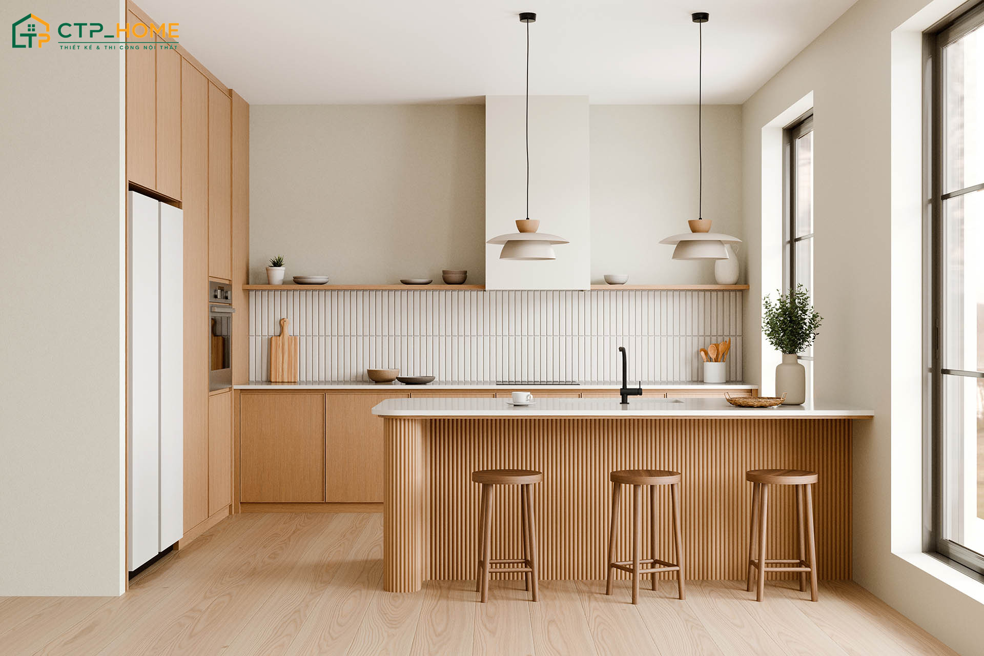 Mẫu thiết kế phòng bếp nhỏ đơn giản thường sẽ sử dụng bảng màu trung tính kết hợp cùng nội thất nhỏ gọn