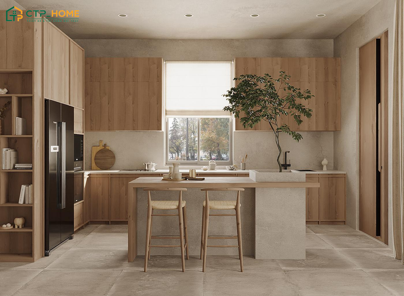 Mẫu thiết kế decor nhà bếp nhỏ phong cách Wabi Sabi sẽ ưu tiên nội thất đơn giản và hạn chế các chi tiết cầu kỳ
