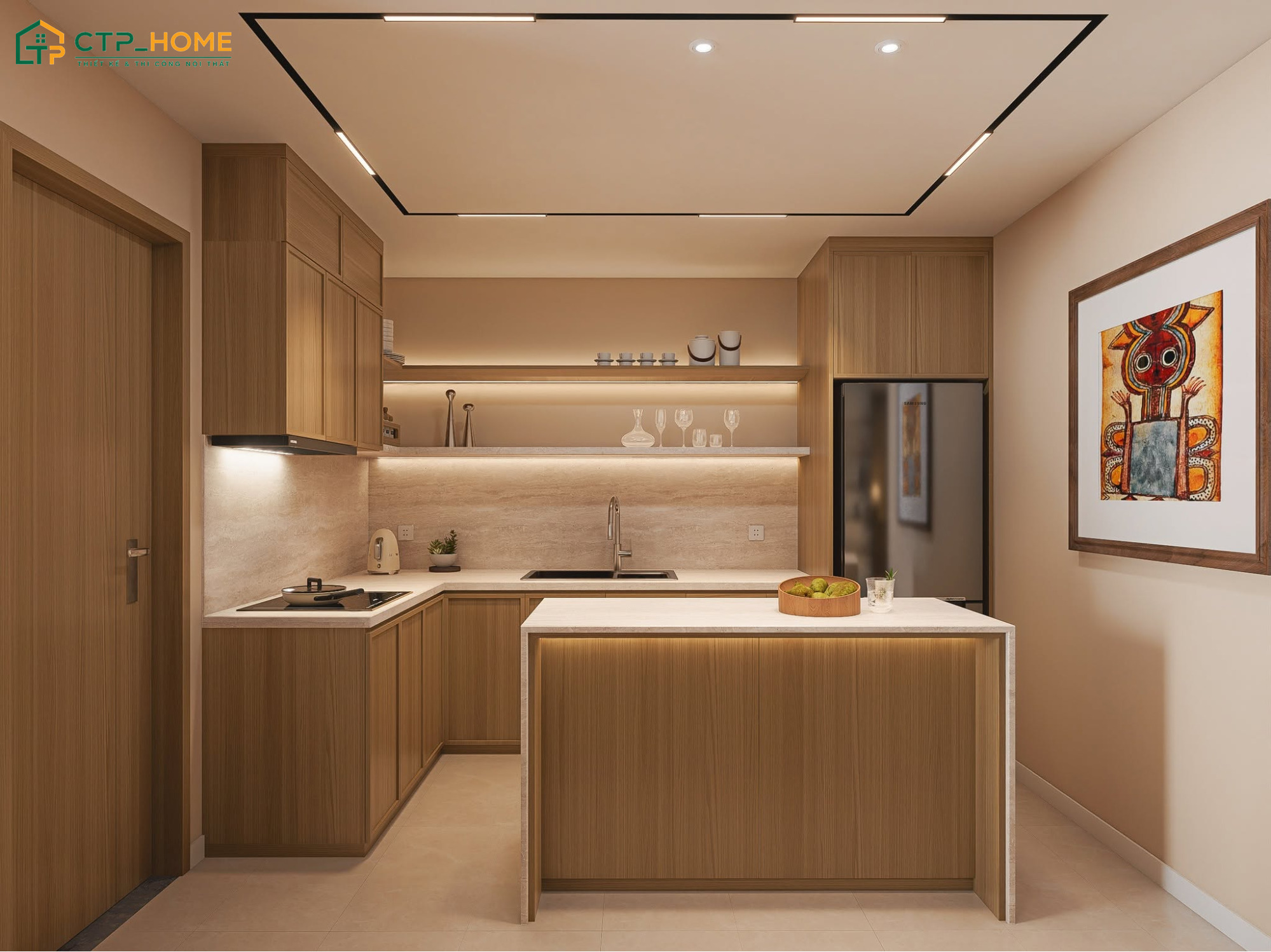 Mẫu thiết kế trang trí nhà bếp nhỏ sử dụng hệ tủ bếp kịch trần giúp gia tăng không gian lưu trữ