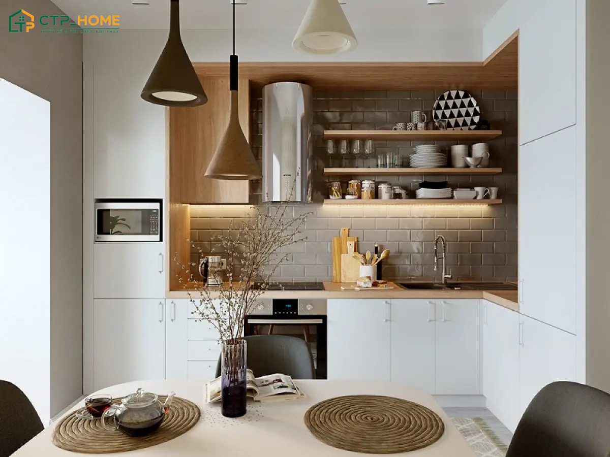 Sử dụng các tone màu trung tính sẽ giúp mẫu nhà bếp nhỏ đẹp đơn giản trở nên rộng rãi hơn
