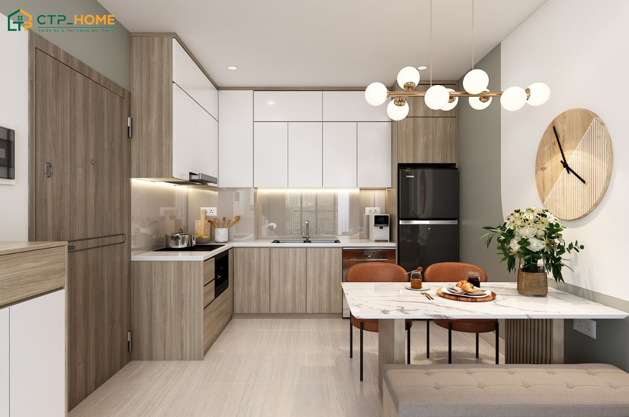 Mẫu nhà bếp nhỏ đẹp với tủ bếp hình chữ L là giải pháp lý tưởng giúp bố trí khu vực nấu nướng khoa học