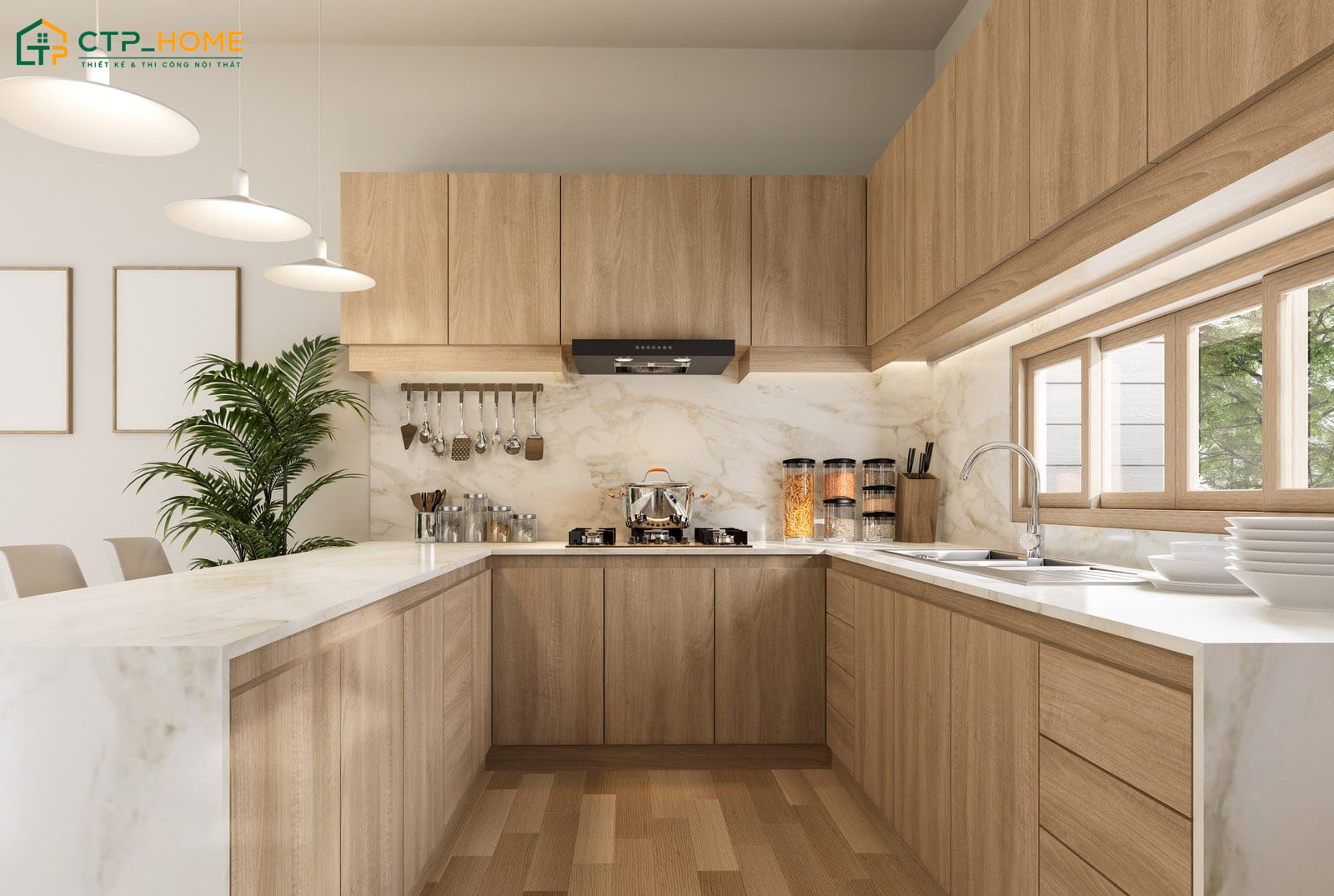 Mẫu thiết kế nhà bếp nhỏ với tủ bếp chữ U tận dụng tối đa ba mặt tường giúp gia tăng không gian lưu trữ