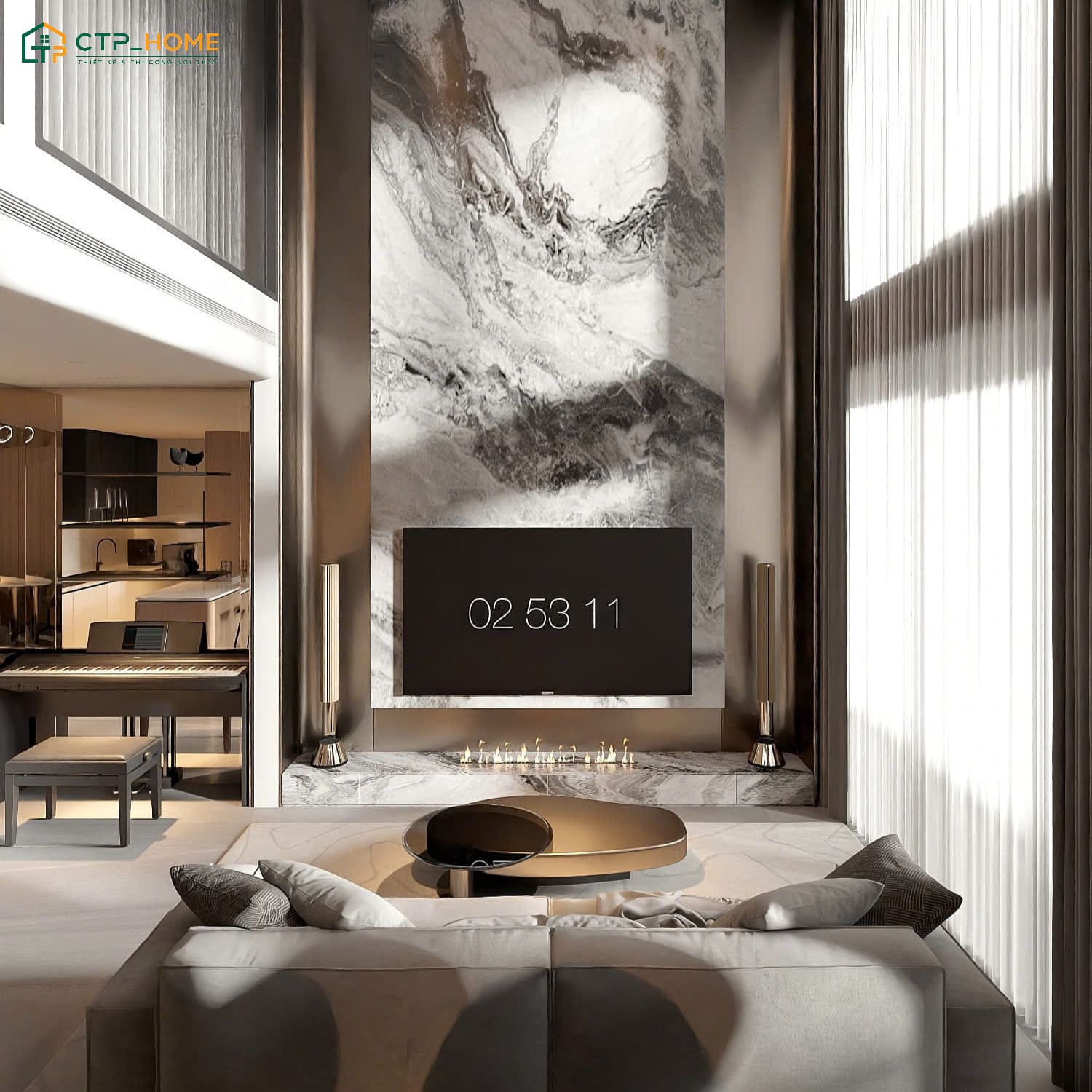Trang trí hệ vách TV ốp đá vân mây, tạo điểm nhấn sang trọng cho căn hộ Duplex 1 phòng ngủ
