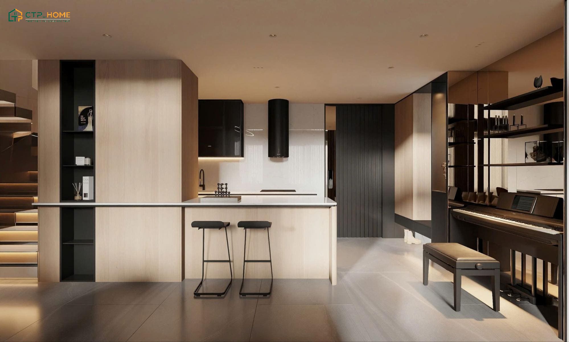 Mẫu thiết kế nội thất căn hộ Duplex 1 phòng ngủ được thiết kế đơn giản nhưng vẫn đầy đủ tiện nghi