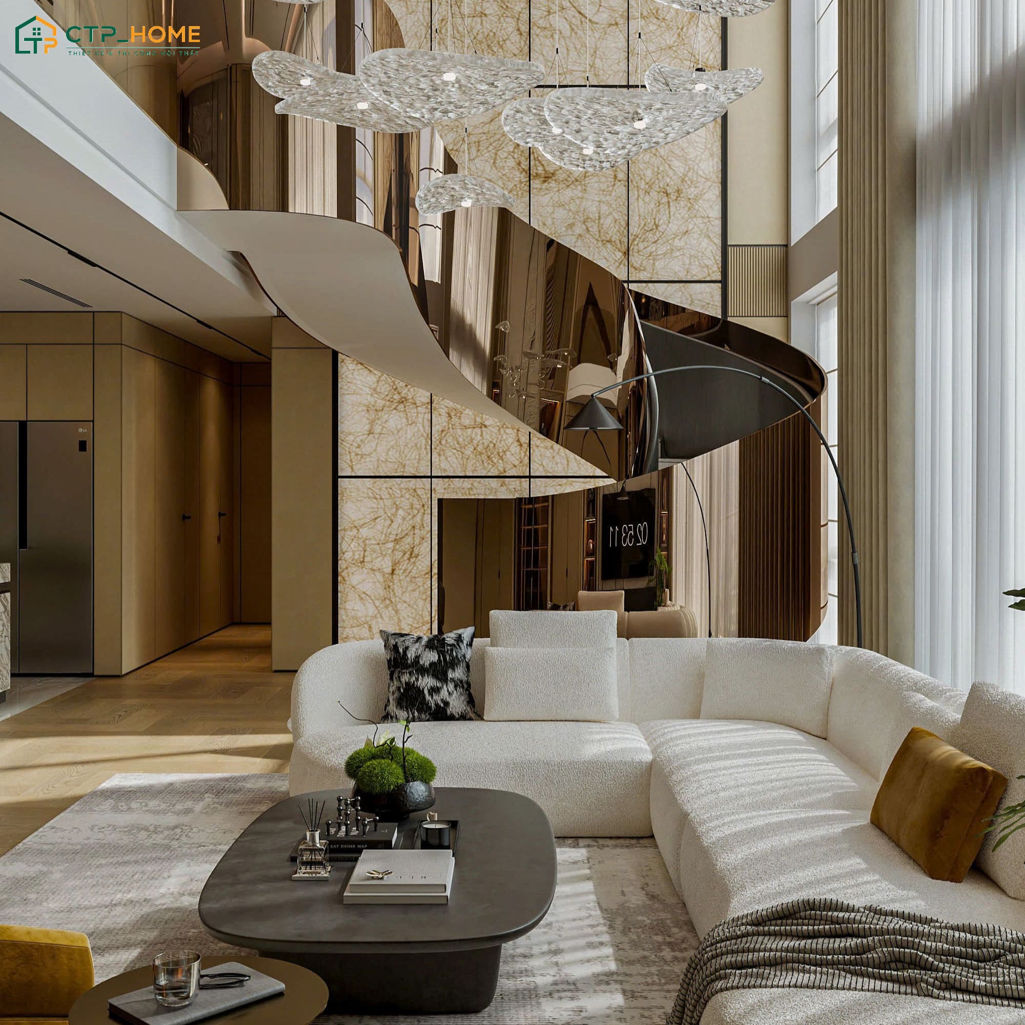Không gian phòng khách nổi bật với đèn chụp pha lê độc đáo cùng bộ sofa chữ L cao cấp