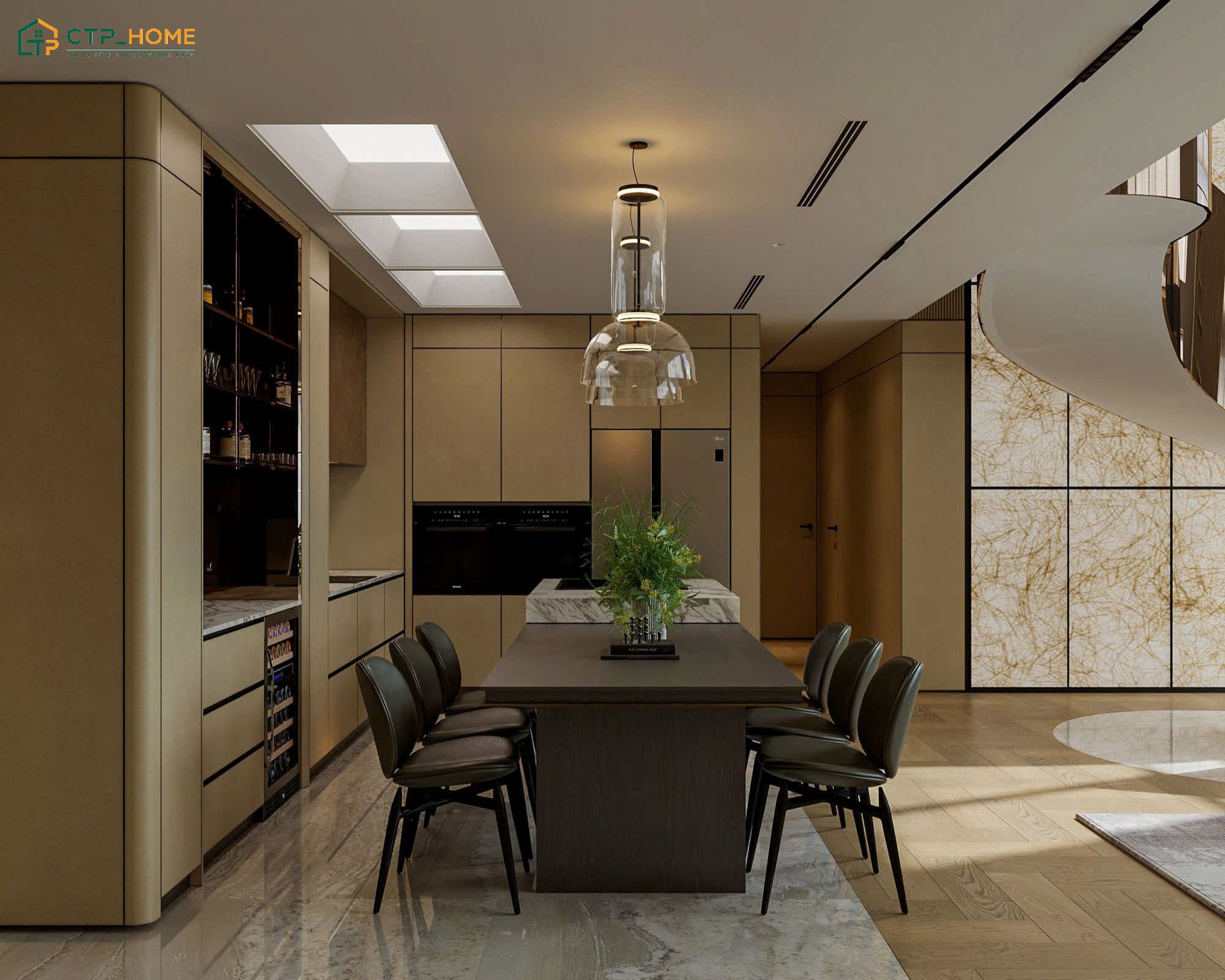 Mẫu thiết kế căn hộ Duplex 2 phòng ngủ nổi bật với bàn đảo hiện đại và bộ bàn ăn 6 ghế rộng rãi