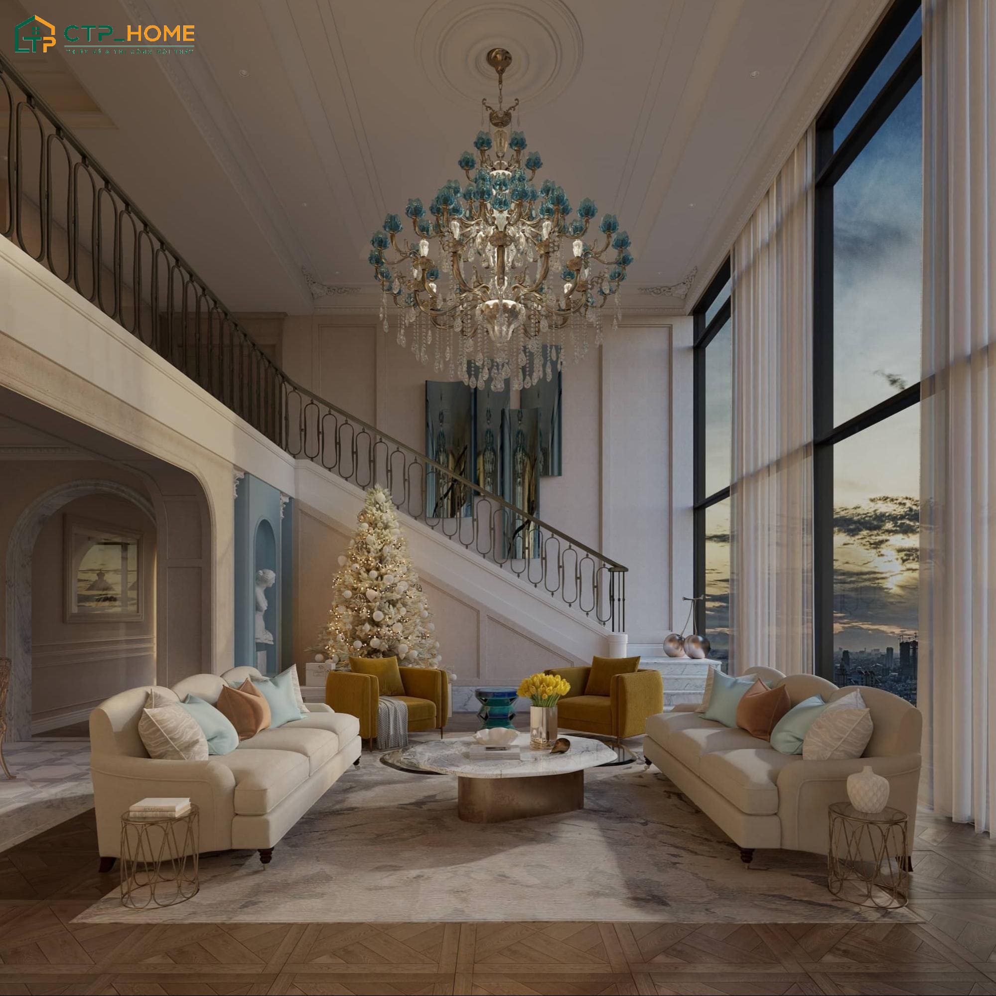 Mẫu thiết kế nội thất căn hộ Duplex phong cách cổ điển với hệ phào chỉ tinh xảo và nội thất cao cấp