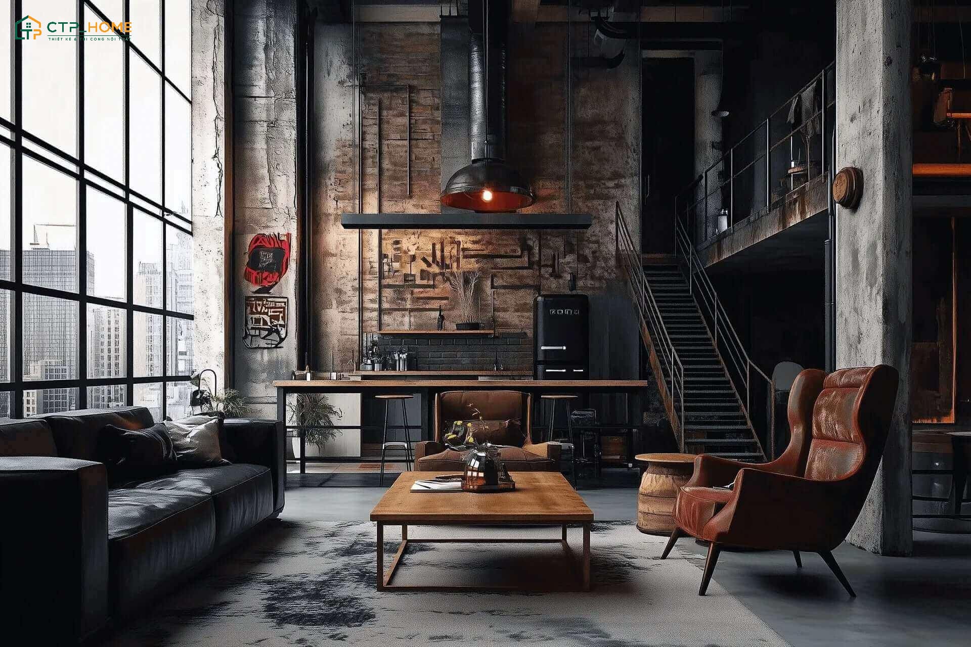 Mẫu thiết kế căn hộ Duplex phong cách Industrial với tường bê tông thô và khung kim loại