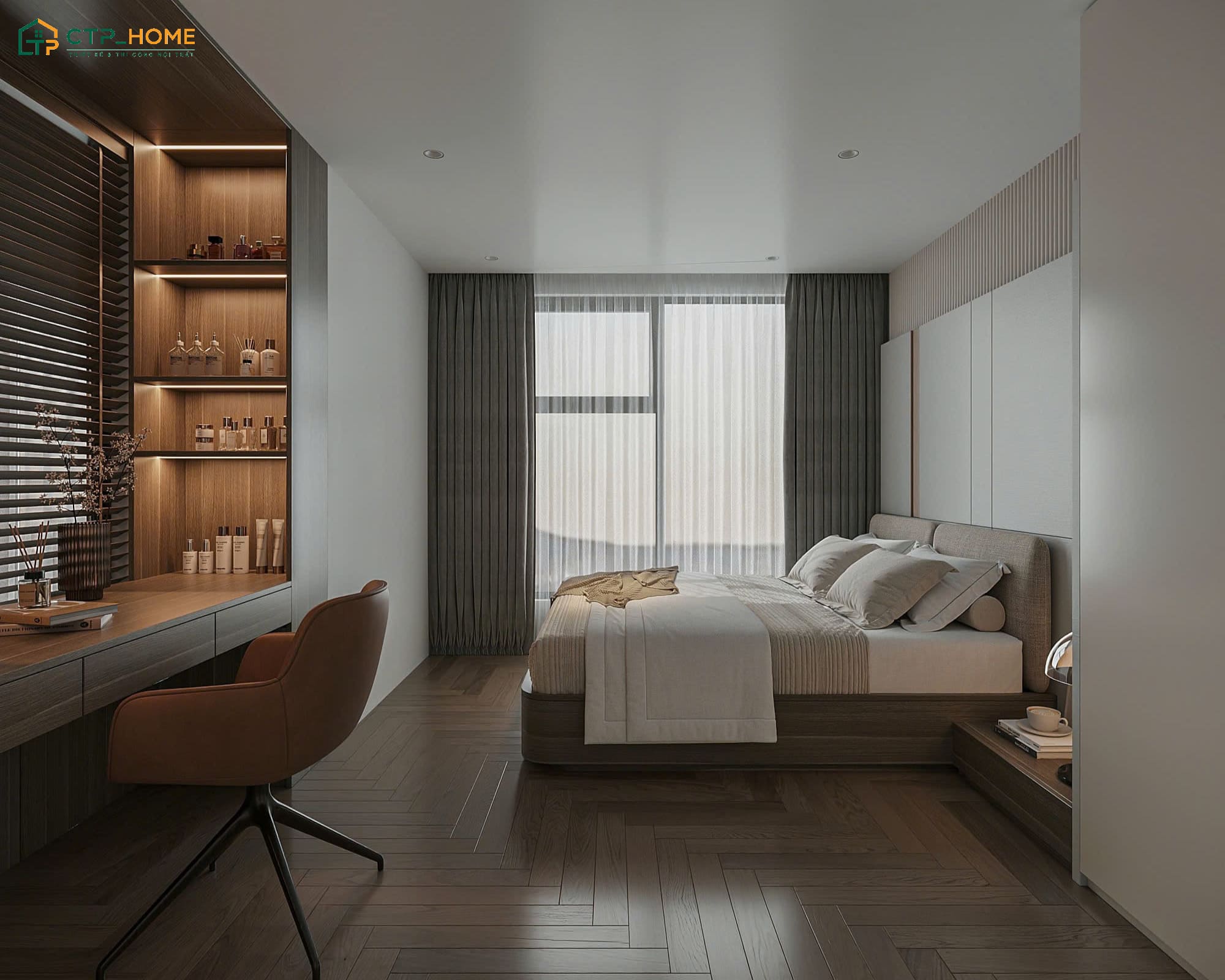 Phòng ngủ master được thiết kế tinh tế với bảng màu trung tính nhẹ nhàng và thoải mái