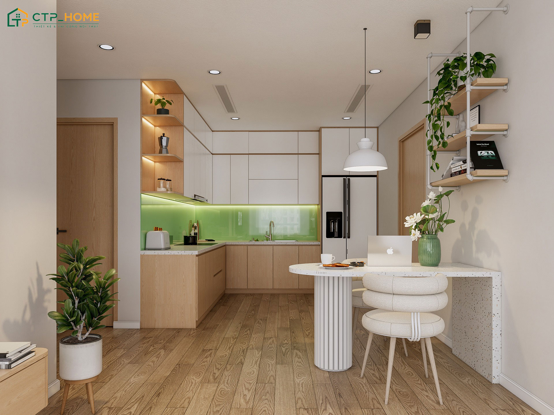 Mẫu phòng bếp đẹp đơn giản sẽ sử dụng nội thất thông minh để giúp không gian trở nên gọn gàng hơn