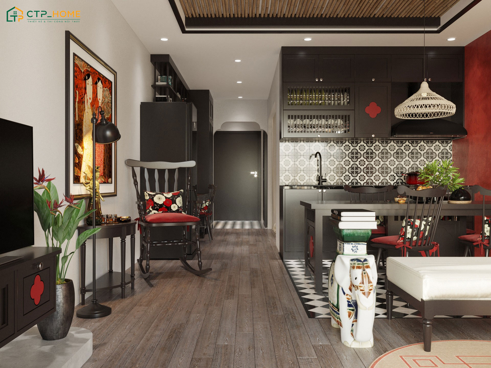 Mẫu thiết kế phòng bếp đẹp phong cách Indochine với tone màu đen đặc trưng kết hợp cùng nội thất cao cấp