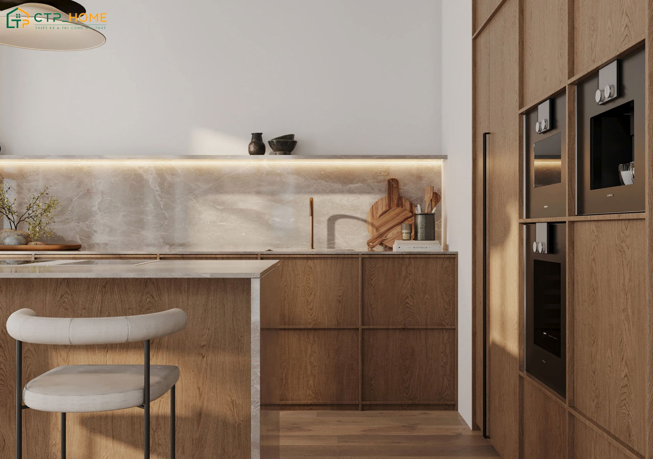 Mẫu thiết kế nội thất phòng bếp phong cách Wabi Sabi nổi bật với vẻ đẹp mộc mạc và giản dị