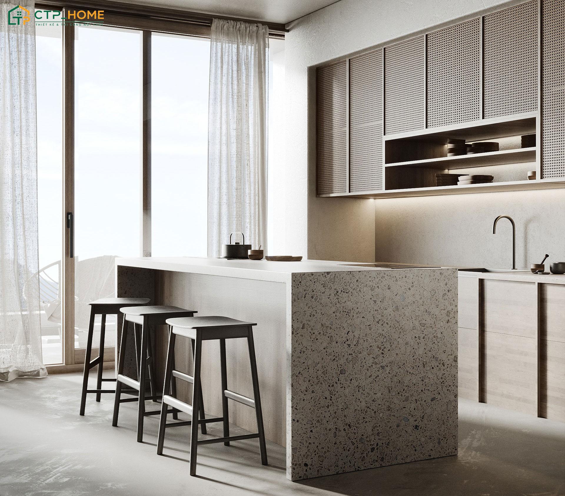 Mẫu thiết kế phòng bếp theo phong cách Wabi Sabi tối giản nhưng vẫn đảm bảo sự tiện nghi