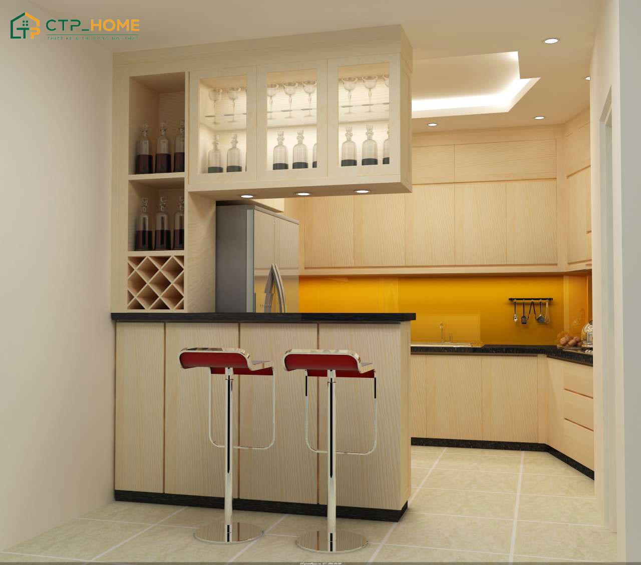 Không gian bếp hiện đại với tủ bếp kết hợp quầy bar giúp tối ưu công năng và tạo điểm nhấn ấn tượng