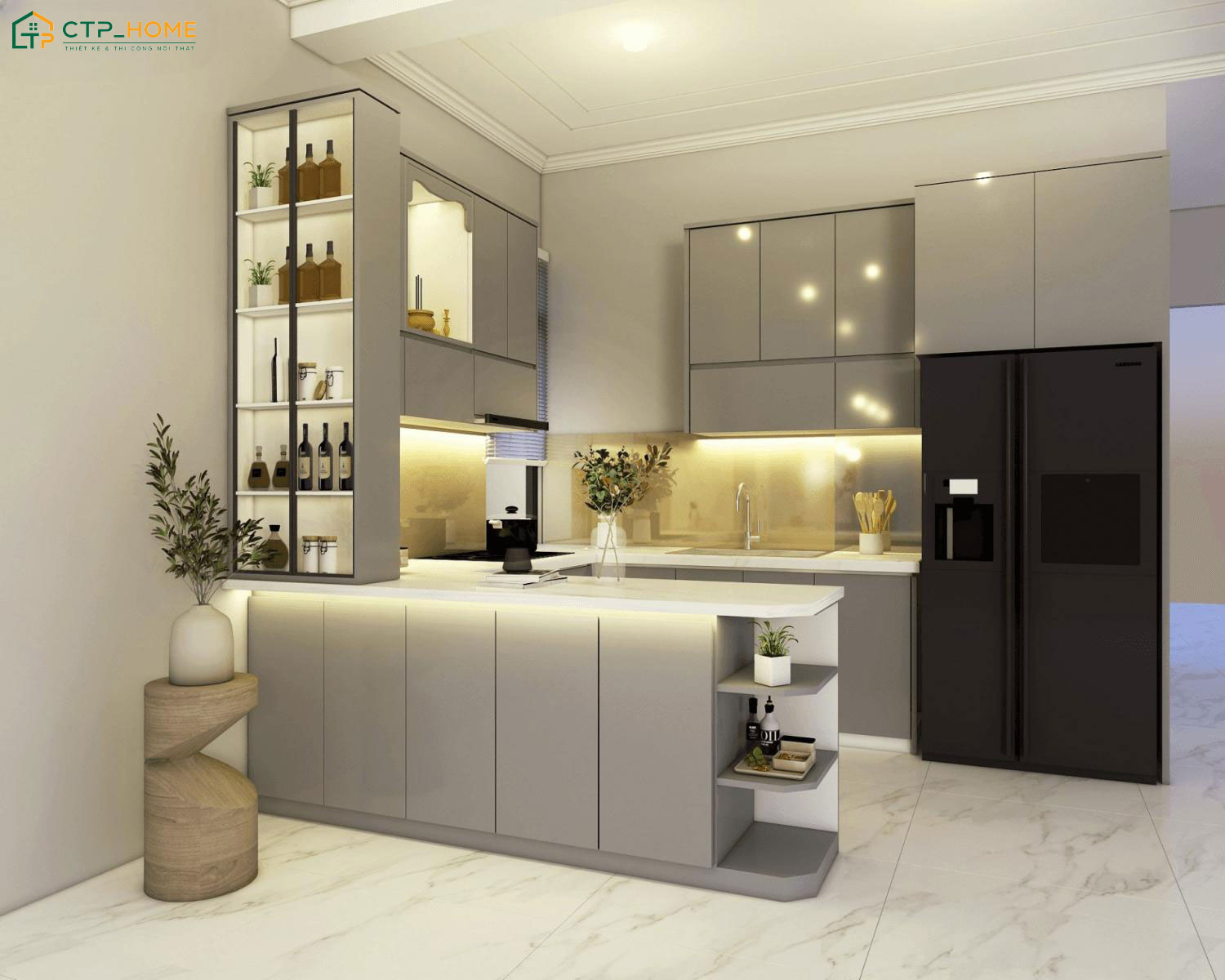 Mẫu thiết kế phòng bếp với tủ bếp kết hợp quầy bar sẽ phù hợp với những không gian có diện tích hạn chế