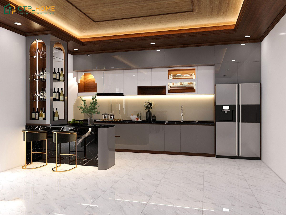 Mẫu thiết kế bếp hiện đại tích hợp quầy bar giúp đáp ứng đa dạng nhu cầu sử dụng khác nhau