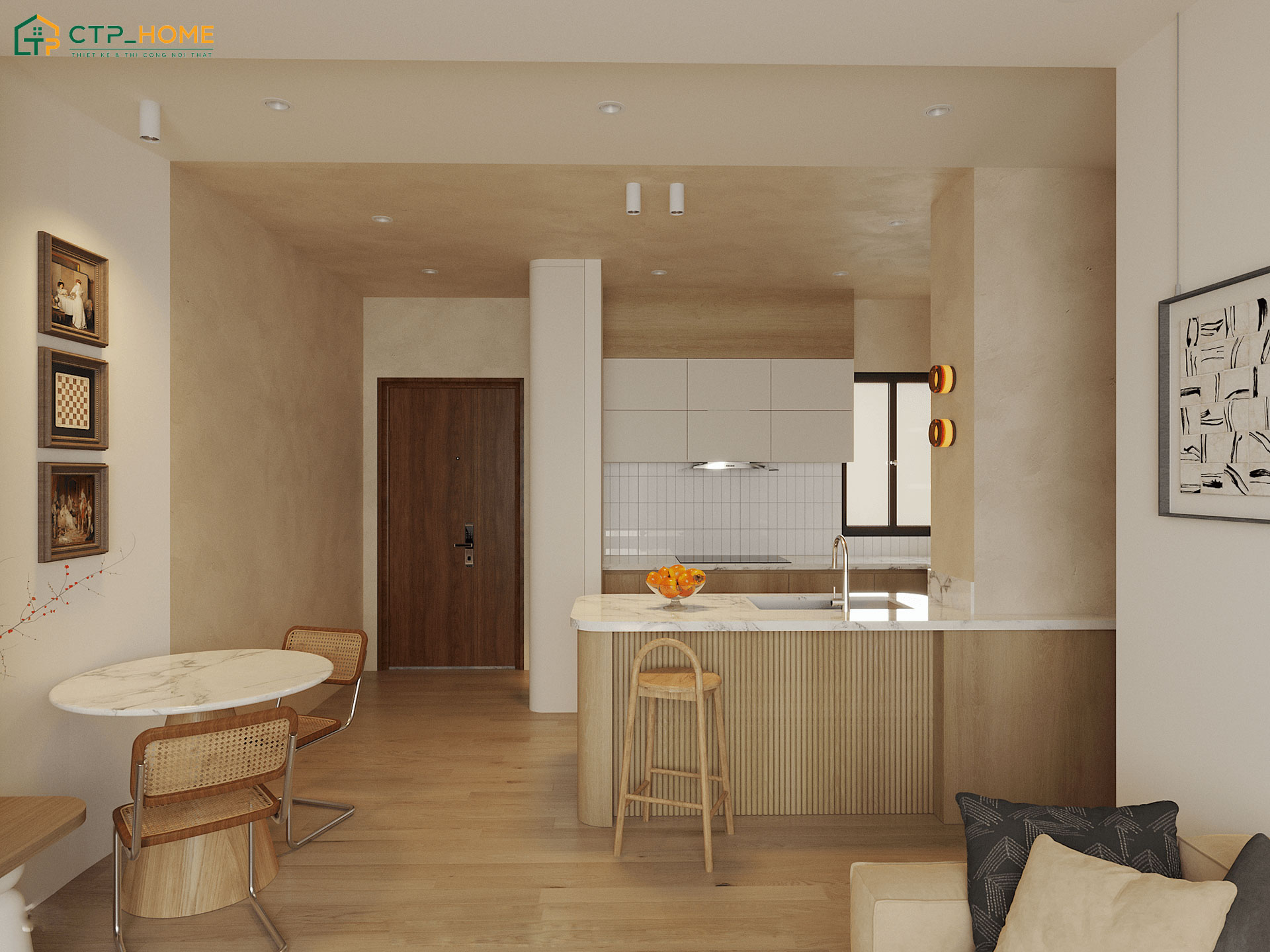 Mẫu thiết kế phòng bếp nhỏ sử dụng gam màu sáng để tạo cảm giác không gian trở nên rộng rãi hơn