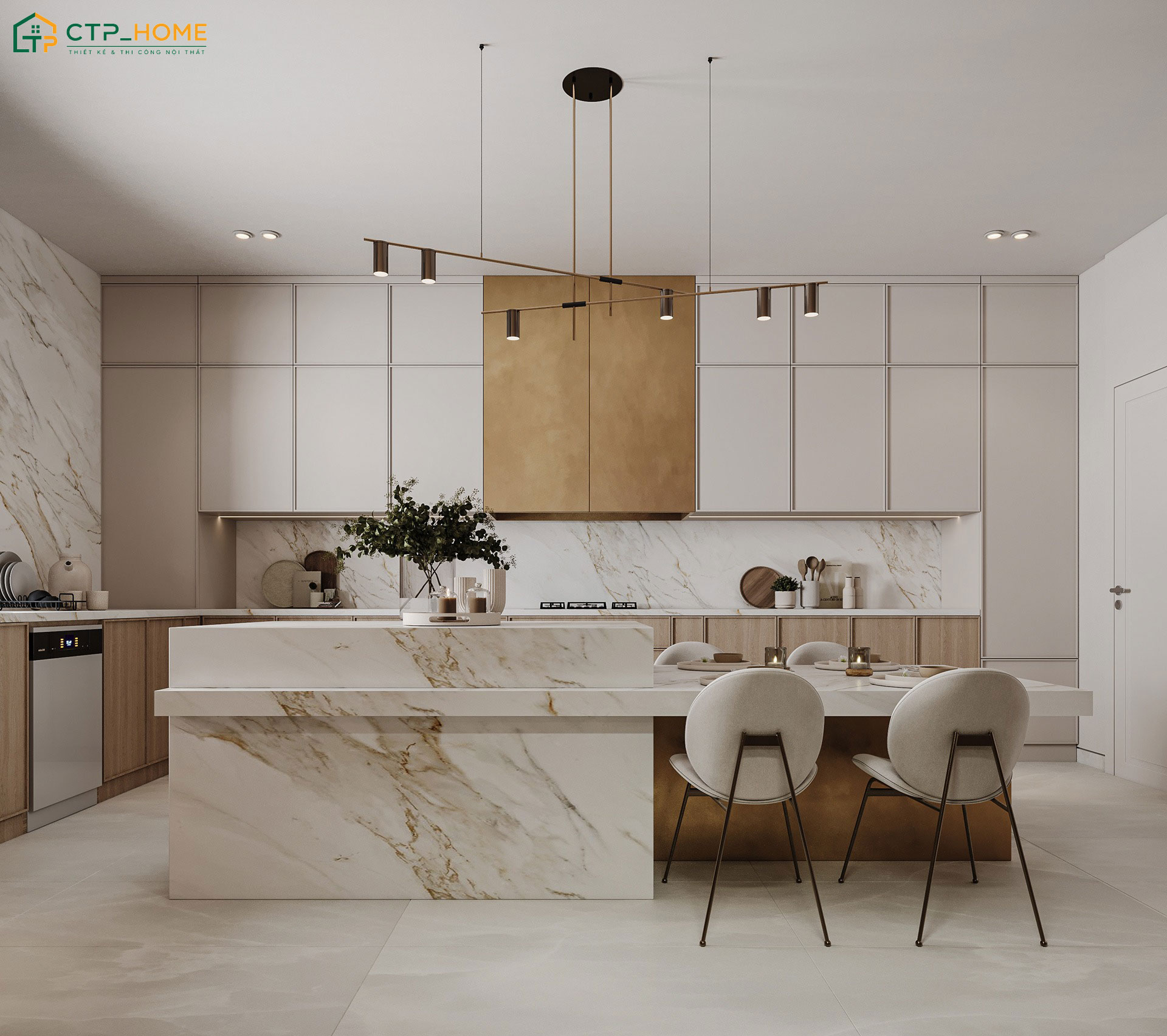 Mẫu thiết kế phòng bếp hiện đại tích hợp đảo bếp và bàn ăn giúp nâng cao trải nghiệm sử dụng