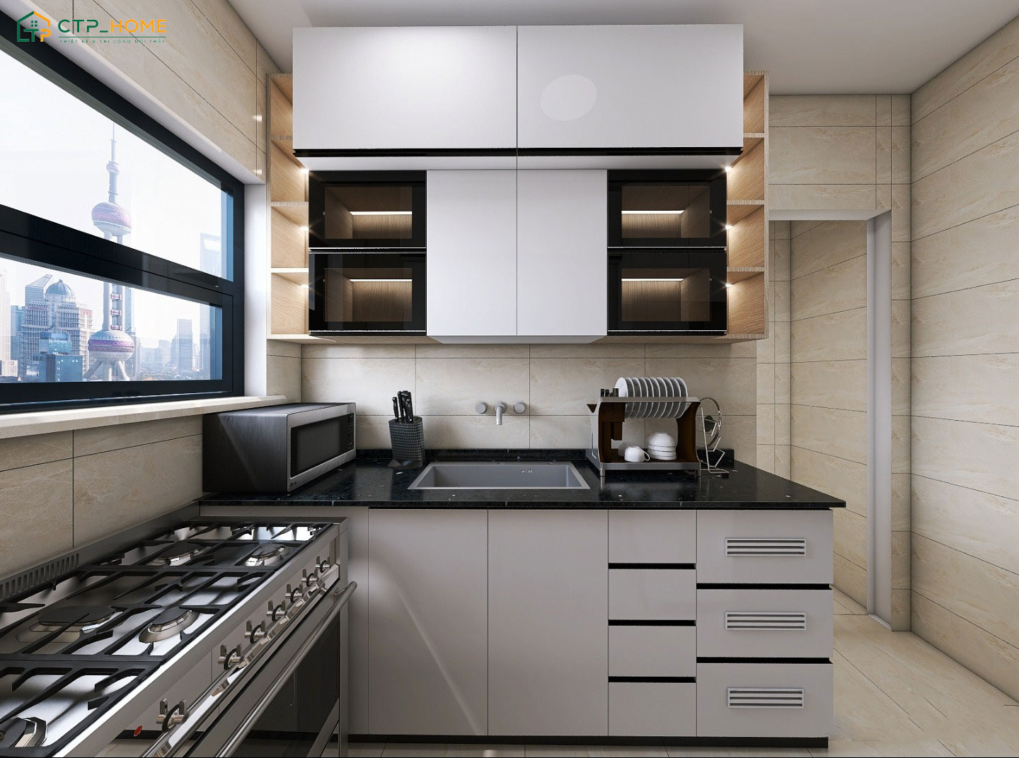 Không gian bếp đẹp hiện đại với hệ tủ bếp kịch trần sẽ giúp gia tăng diện tích lưu trữ