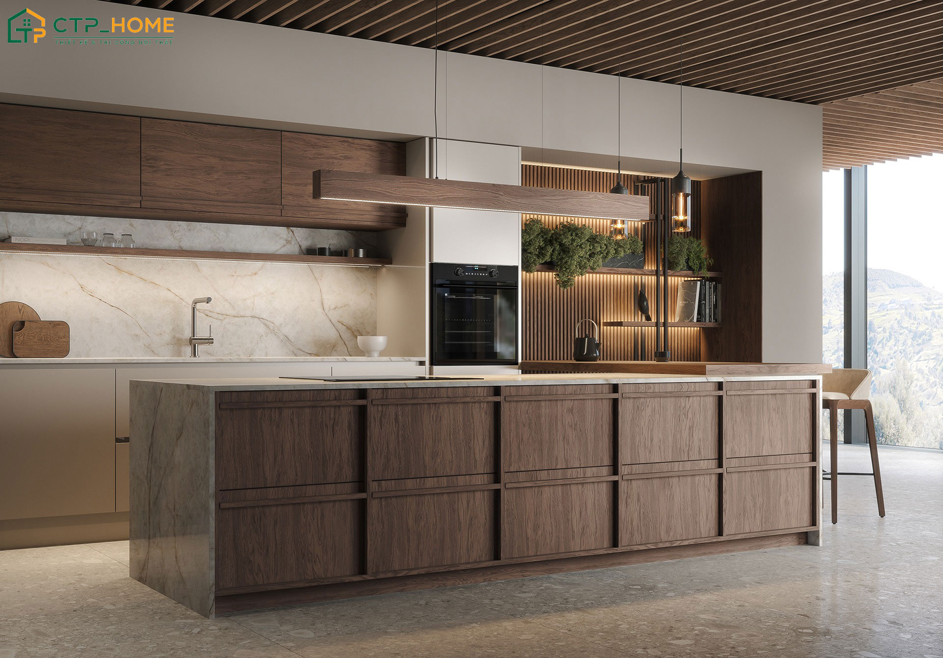 Mẫu thiết kế nội thất bếp đẹp bằng gỗ tự nhiên sẽ có độ bền cao và tuổi thọ sử dụng lâu dài