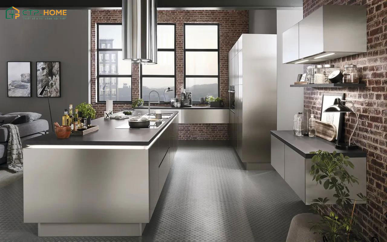 Mẫu phòng bếp đơn giản bằng inox với bề mặt sáng bóng sẽ giúp quá trình vệ sinh diễn ra dễ dàng hơn