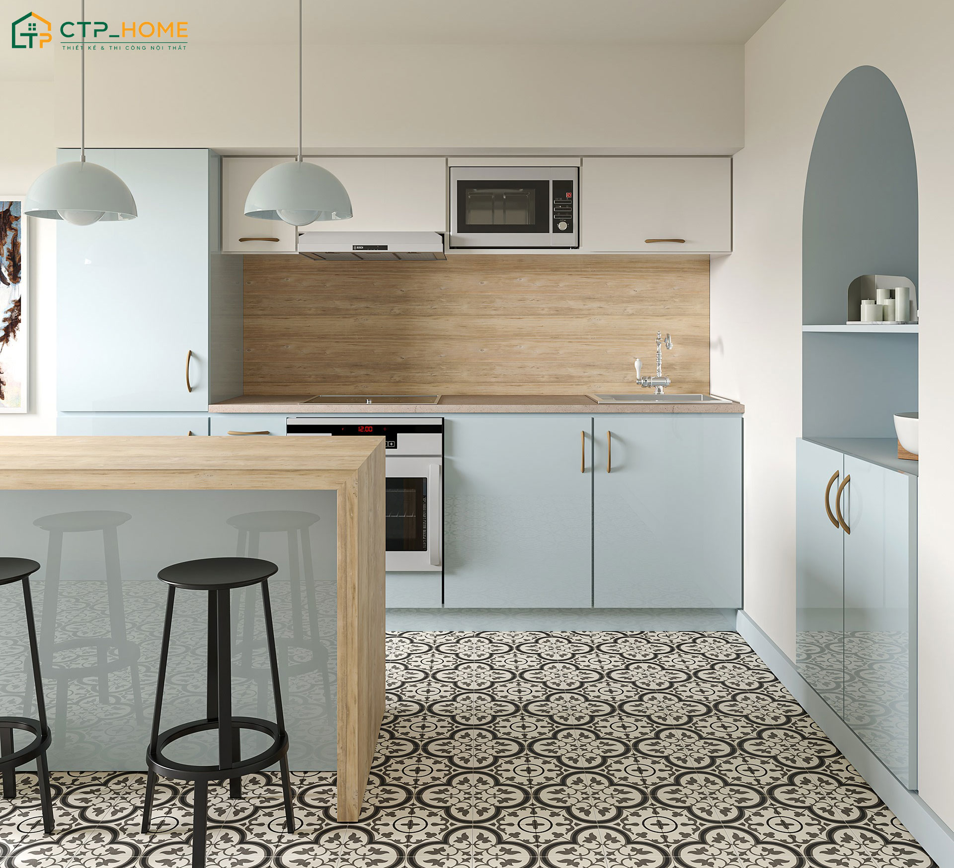 Mẫu thiết kế nội thất phòng bếp tone xanh pastel sẽ mang đến vẻ đẹp tươi mới và tràn đầy sức sống