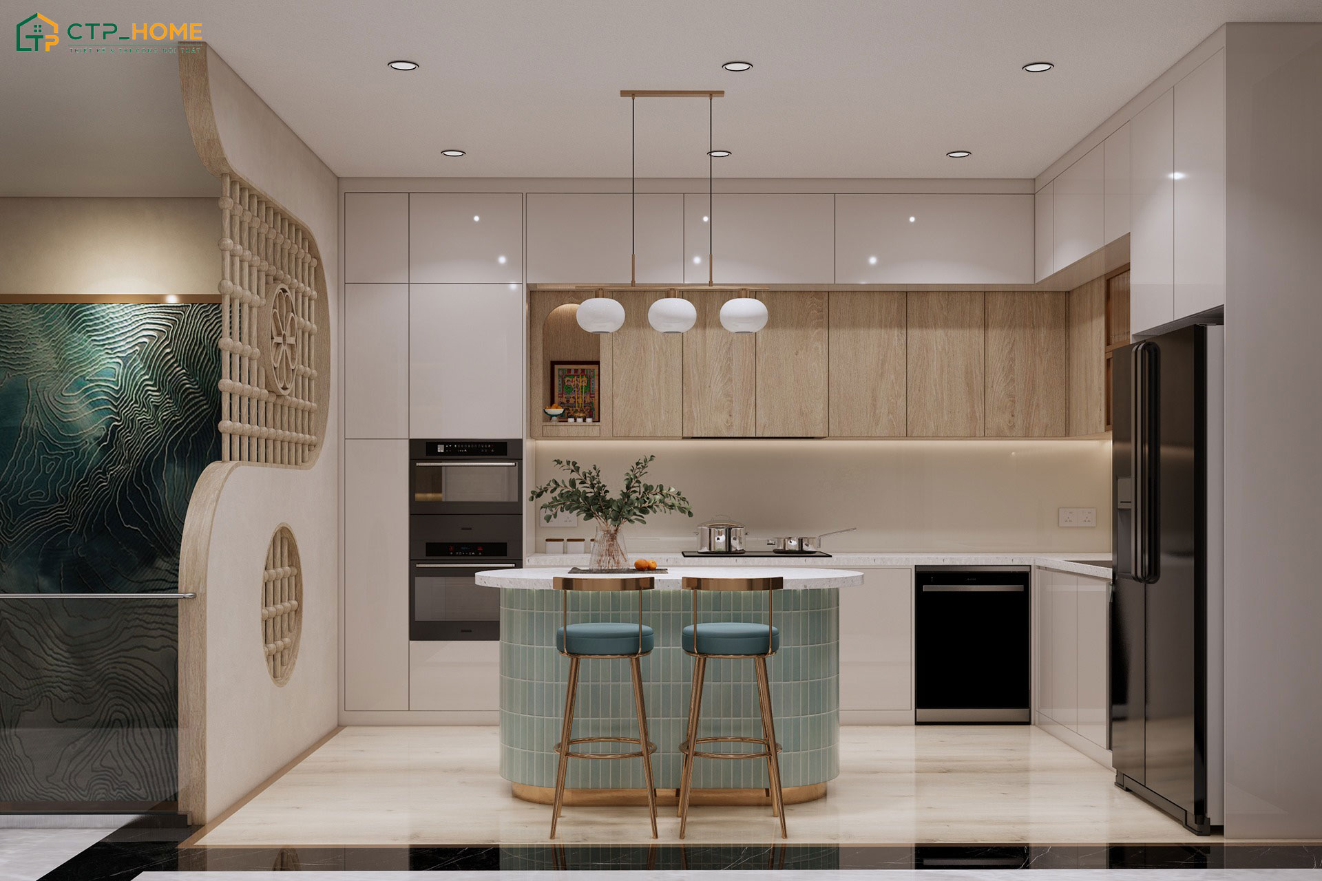 Mẫu thiết kế phòng bếp tone màu pastel sẽ phù hợp với đa dạng công trình khác nhau