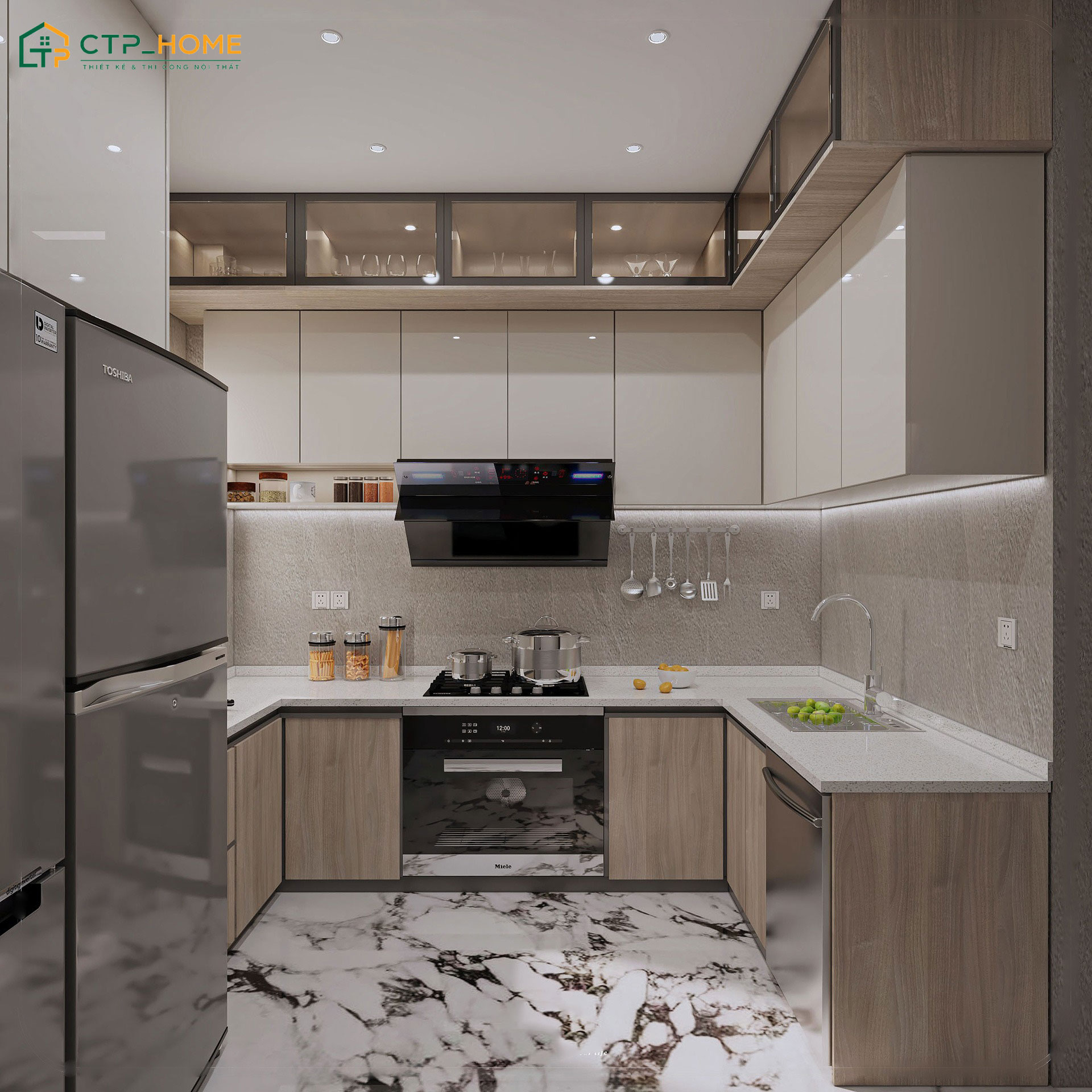 Mẫu tủ bếp hình chữ U sẽ giúp tận dụng tối đa ba mặt tường để gia tăng diện tích sử dụng