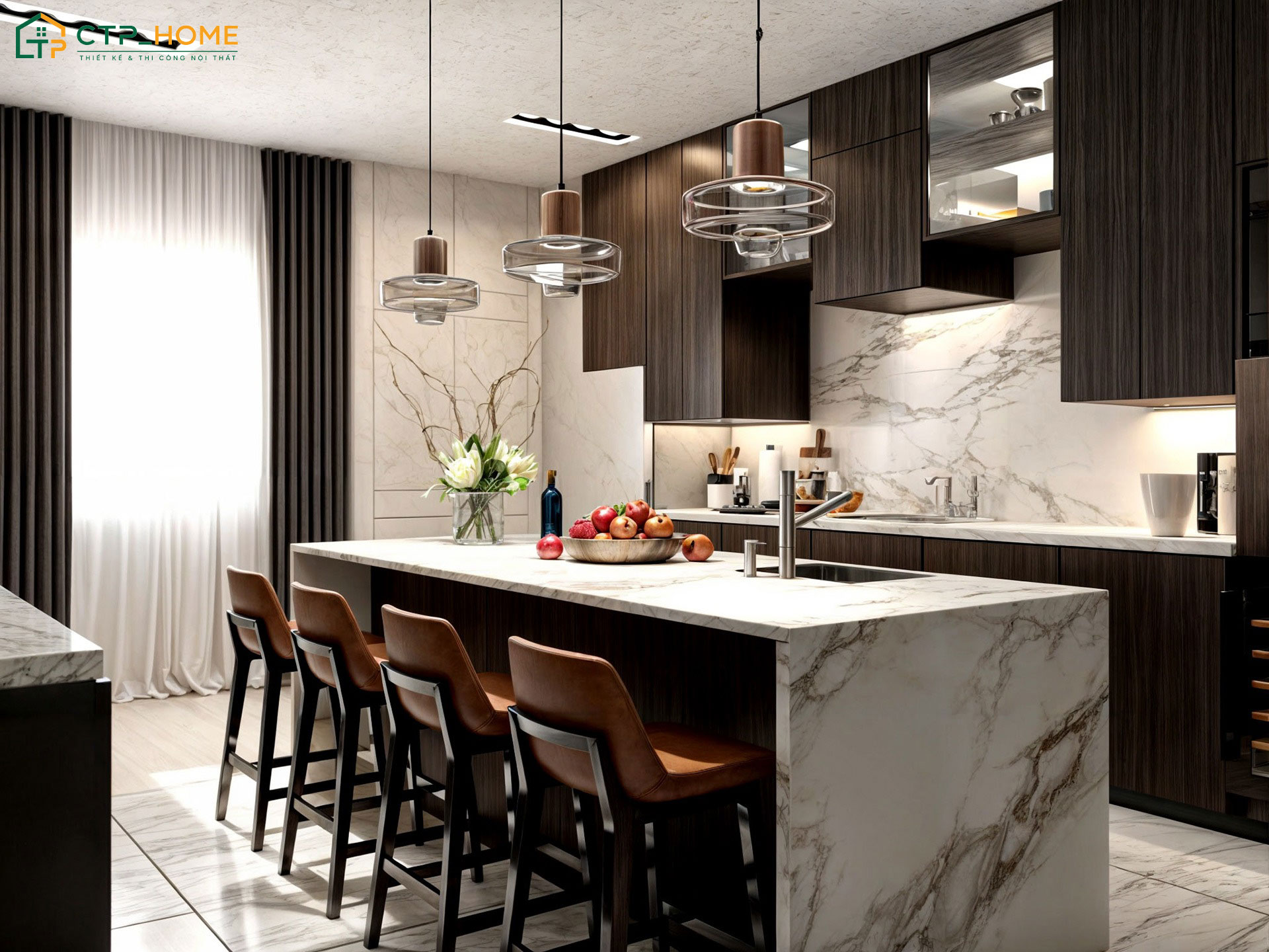 Bố trí ánh sáng phù hợp sẽ giúp đảm bảo tính thẩm mỹ cho toàn bộ không gian bếp hiện đại