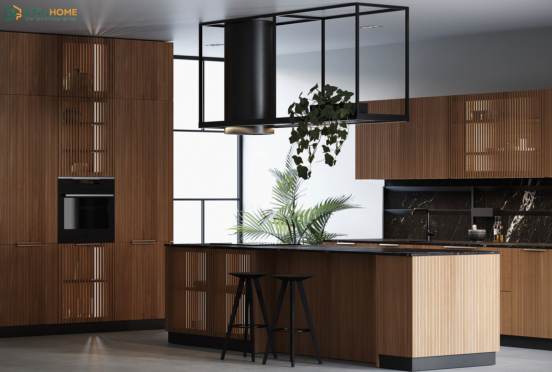 Căn bếp đẹp được trang bị đầy đủ các thiết bị nấu nướng hiện đại giúp đảm bảo sự tiện nghi khi sử dụng