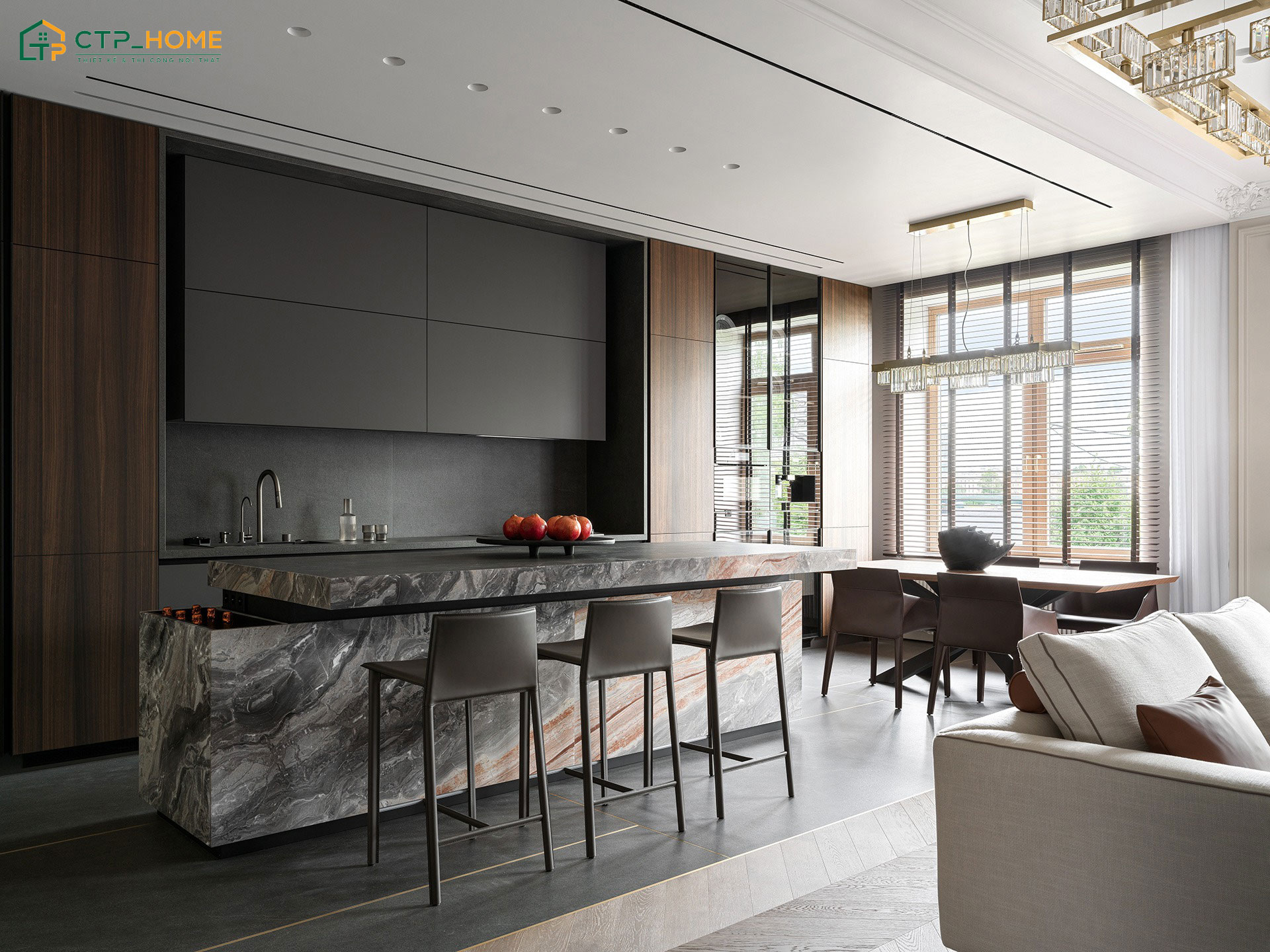 Mẫu thiết kế bếp hiện đại với hệ tủ bếp bằng gỗ công nghiệp phủ Melamine chống bám bẩn tốt
