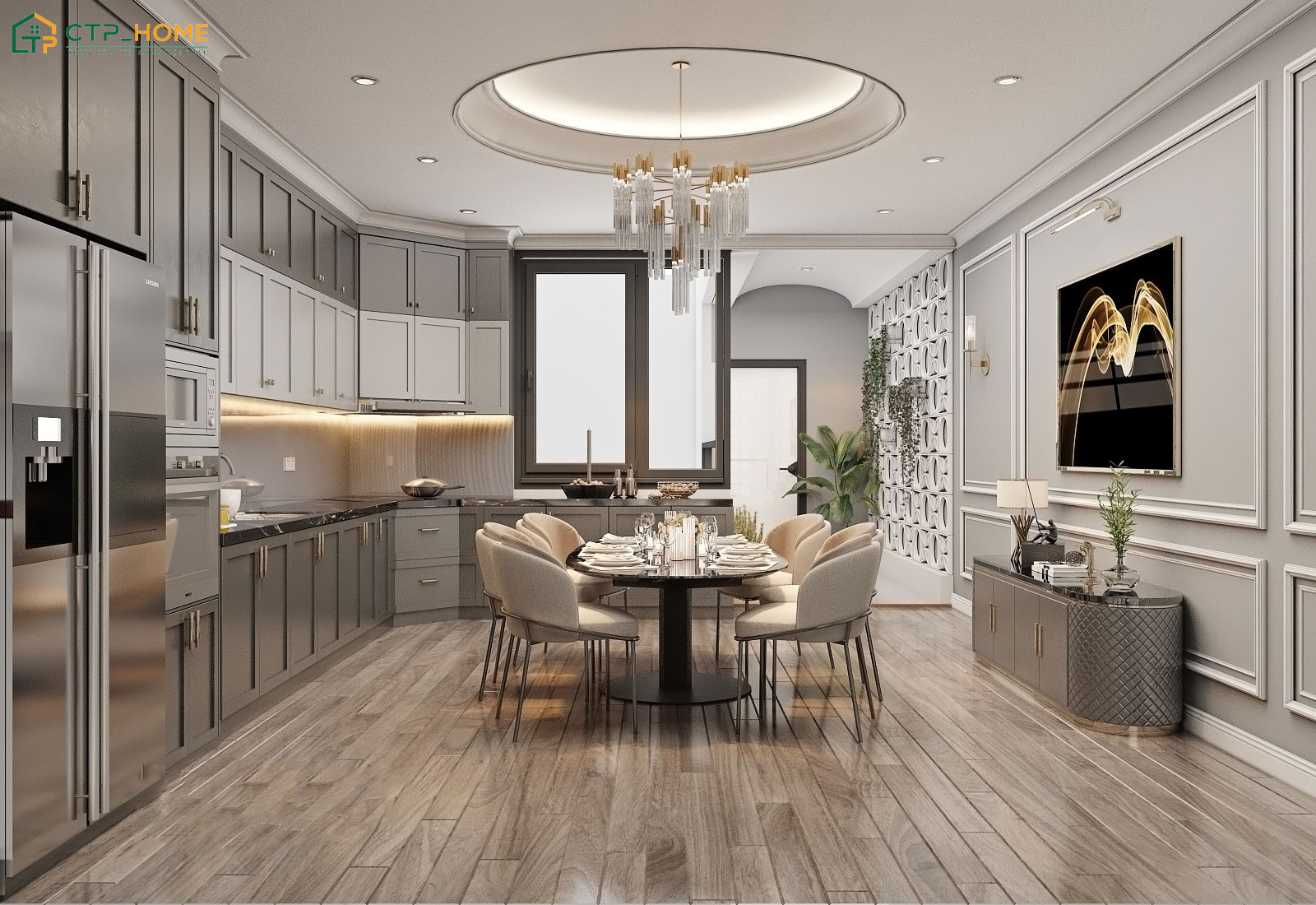 Mẫu trang trí nội thất phòng bếp tân cổ điển nổi bật với vẻ đẹp sang trọng, đẳng cấp