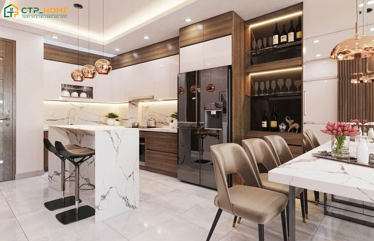 Mẫu thiết kế phòng ăn đẹp, hiện đại cho nhà phố thường sẽ được thiết kế liền thông với phòng bếp