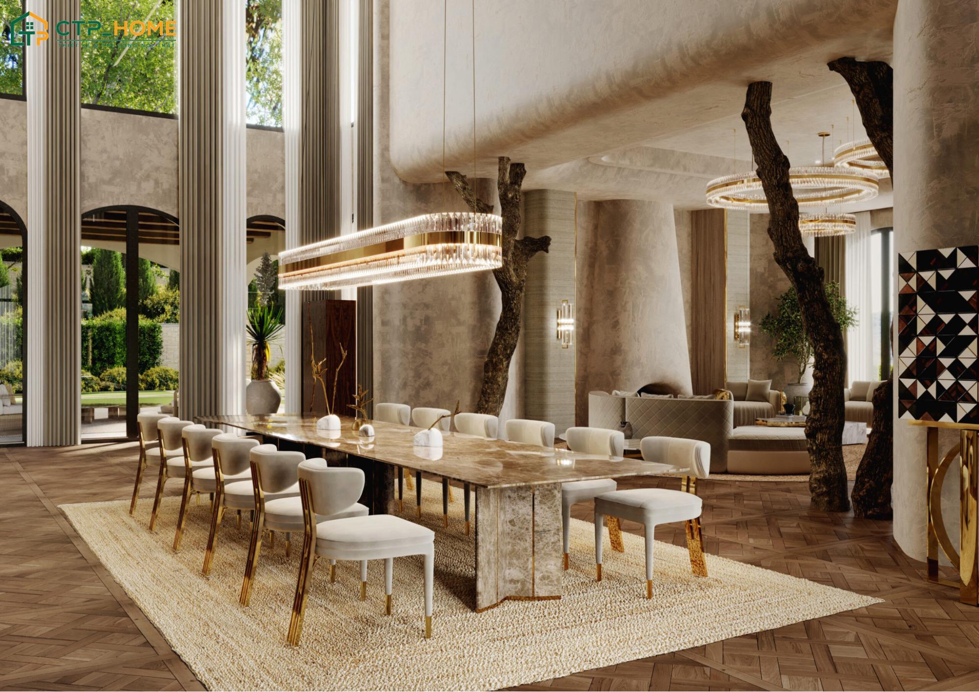 Mẫu thiết kế decor phòng ăn biệt thự sẽ sử dụng đồ nội thất cao cấp để tôn lên vẻ đẹp sang trọng