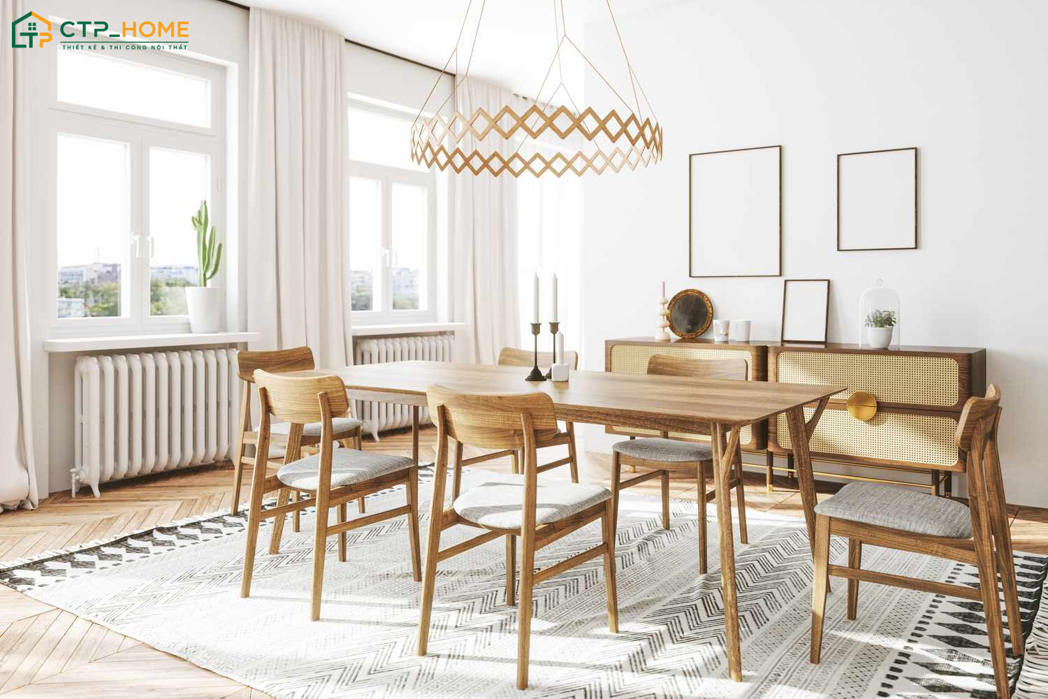Mẫu decor phòng ăn phong cách Bắc Âu nổi bật với cách bố trí nội thất gọn gàng giúp tối ưu diện tích sử dụng