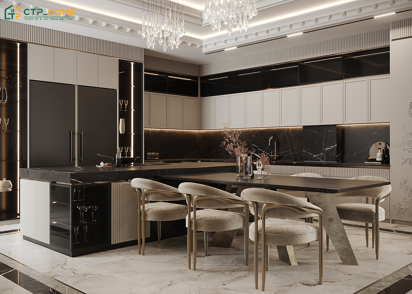 Không gian phòng ăn sang trọng sẽ được bố trí hệ thống đèn chiếu sáng tinh xảo kết hợp cùng nội thất da lộn cao cấp
