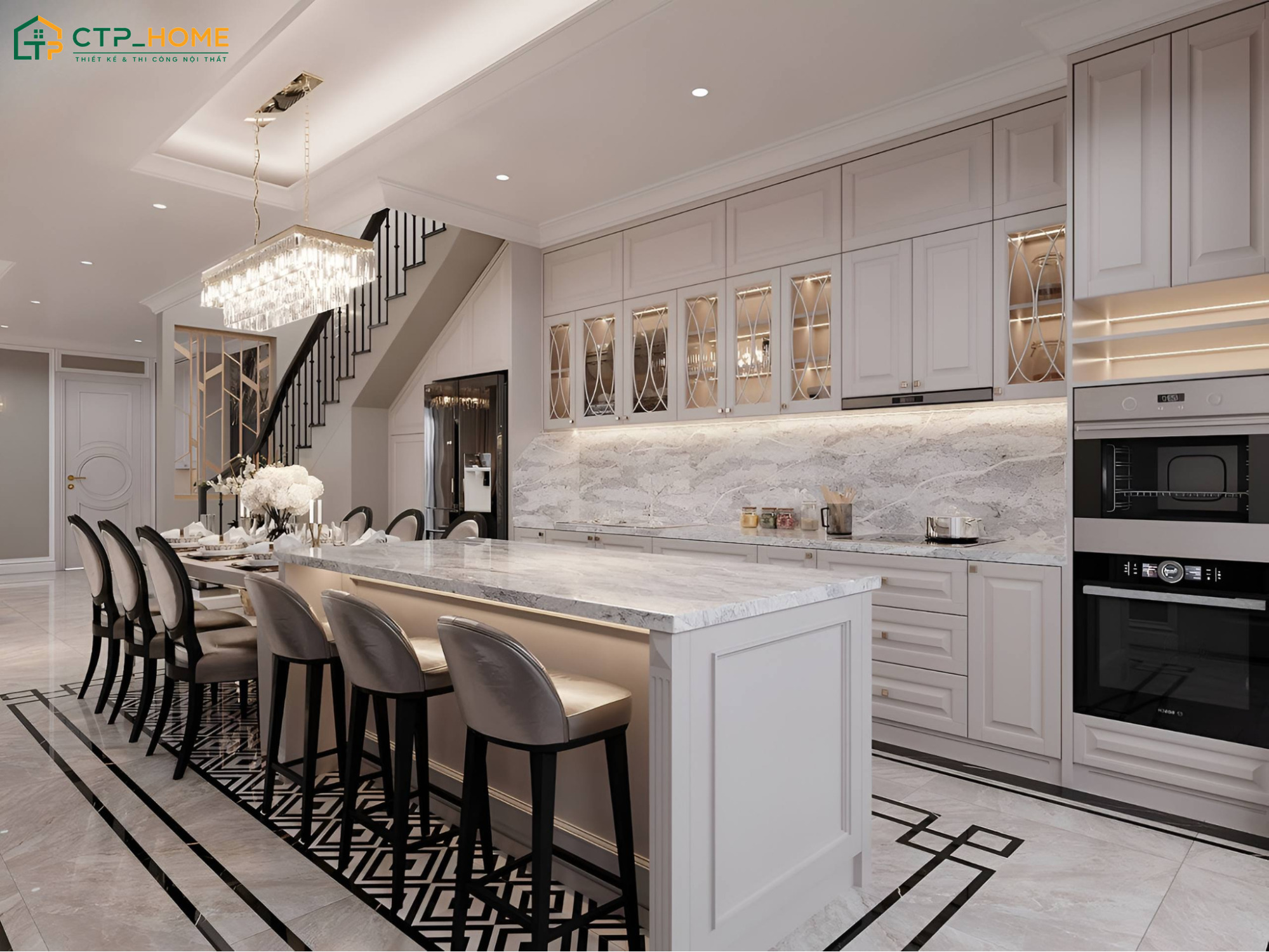Không gian tân cổ điển nổi bật với những đường nét phào chỉ mềm mại cùng nội thất cao cấp